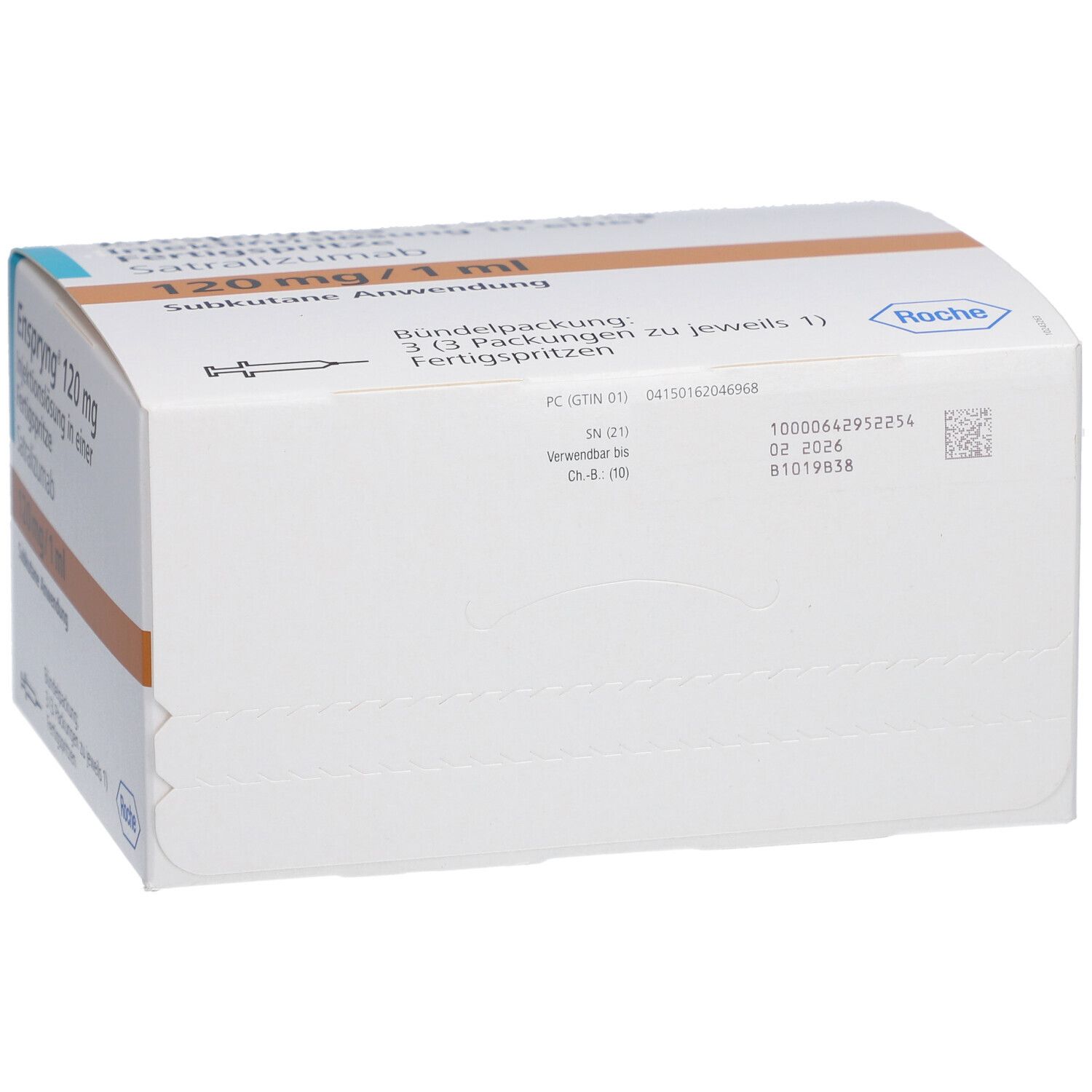 Weiße Verpackung mit blauer und brauner Beschriftung. Text: Enspryng 120 mg, Injektionslösung, Fertigspritze. Roche Logo.