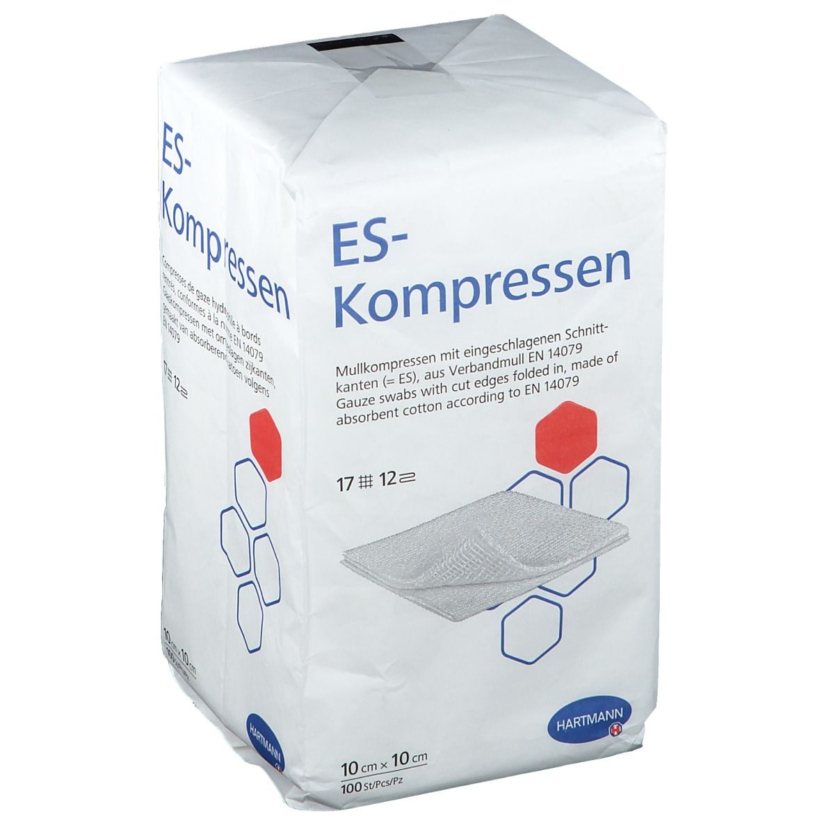 Verpackung mit ES-Kompressen. Aufdrucke: ES-Kompressen, 10x10 cm, 100 Stück. Hersteller: Hartmann. Produktabbildung.