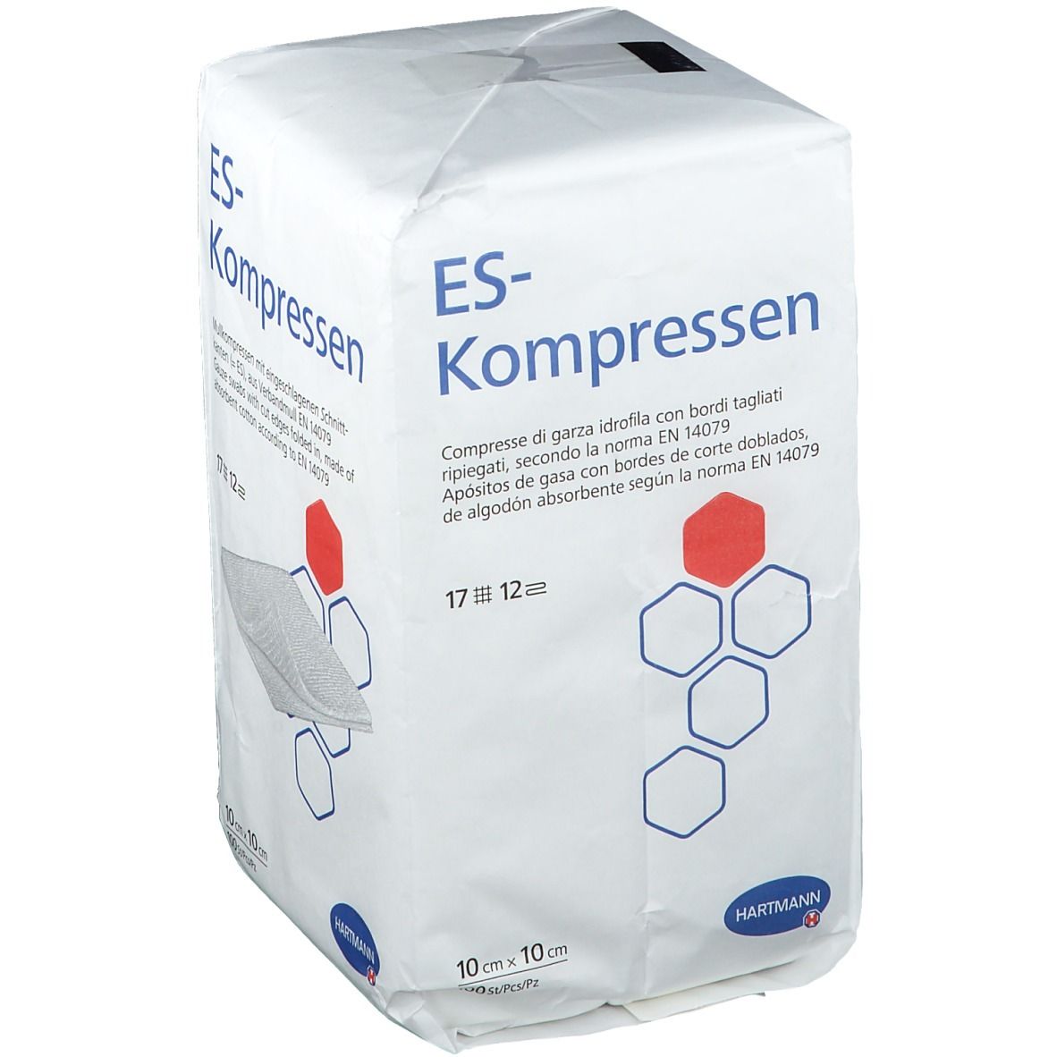 Verpackung mit ES-Kompressen. Aufdrucke: ES-Kompressen, 10x10 cm, 100 Stück. Hersteller: Hartmann. Produktabbildung.