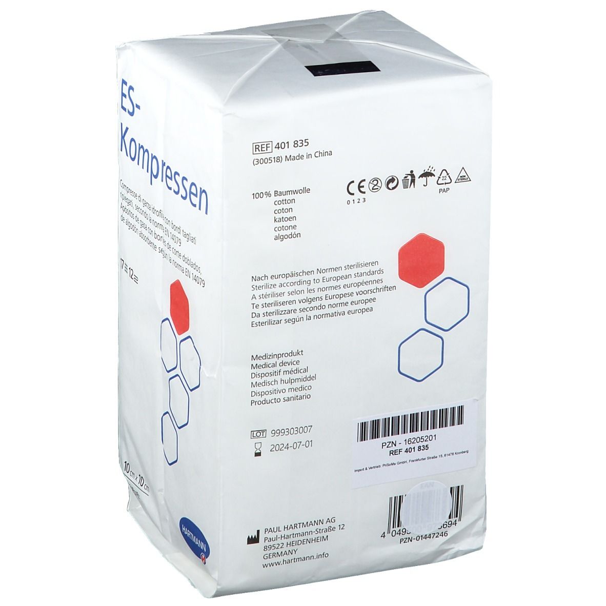 Verpackung mit ES-Kompressen. Aufdrucke: ES-Kompressen, 10x10 cm, 100 Stück. Hersteller: Hartmann. Medizinprodukt.
