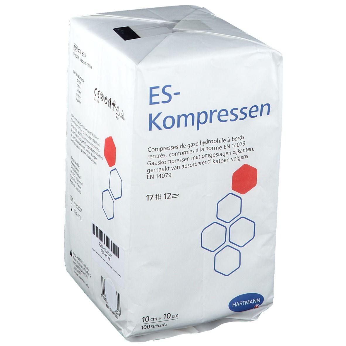 Verpackung mit ES-Kompressen. Aufdrucke: ES-Kompressen, 10x10 cm, 100 Stück. Hersteller: Hartmann. Produktabbildung.