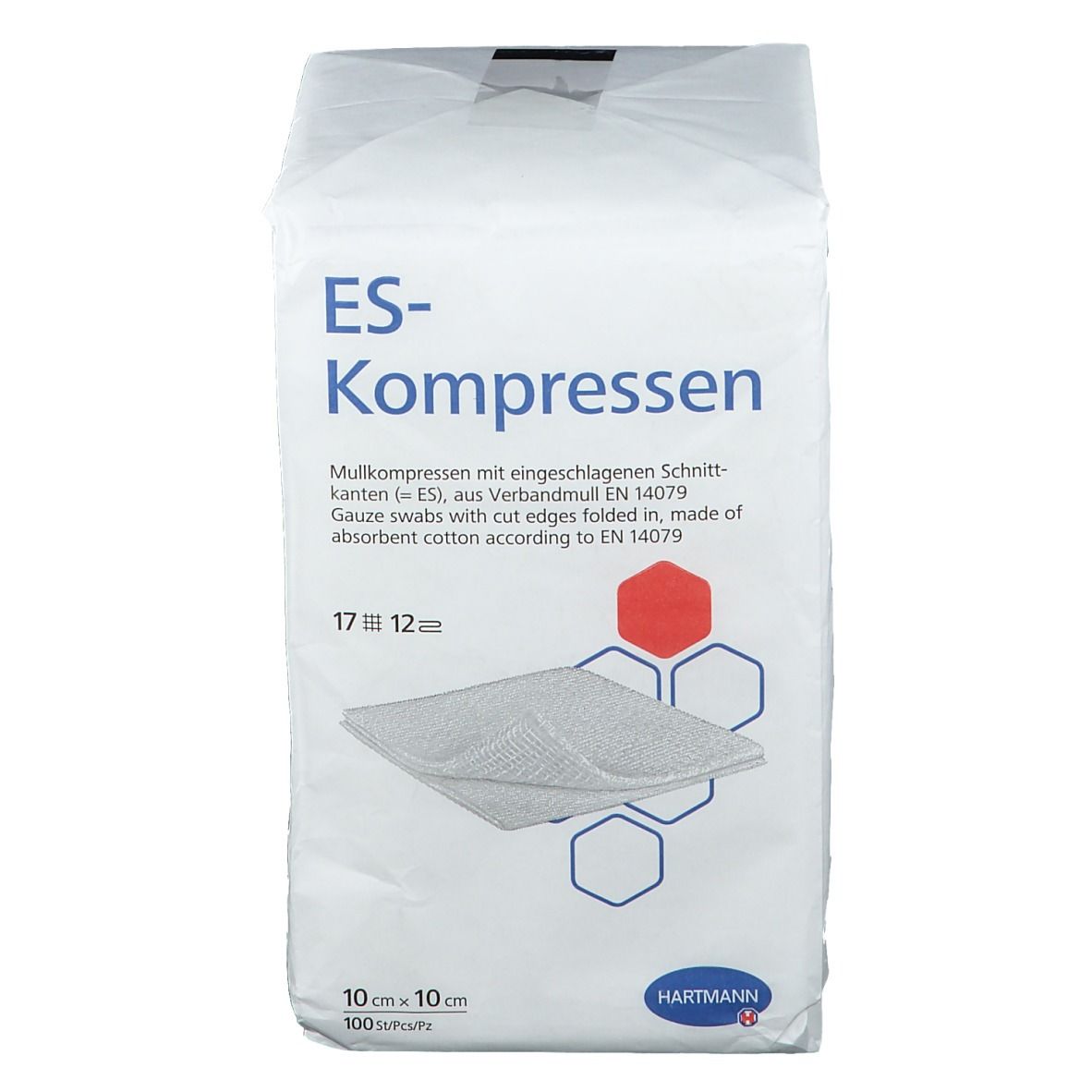Verpackung mit ES-Kompressen. Aufdrucke: ES-Kompressen, 10x10 cm, 100 Stück. Hersteller: Hartmann. Produktabbildung.