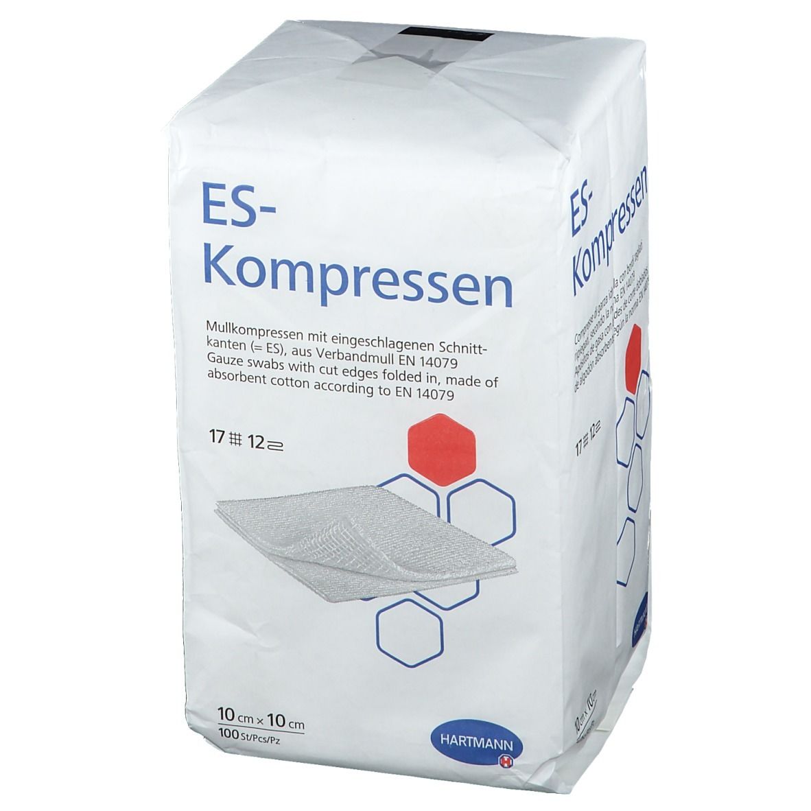 Verpackung mit ES-Kompressen. Aufdrucke: ES-Kompressen, 10x10 cm, 100 Stück. Hersteller: Hartmann. Produktabbildung.