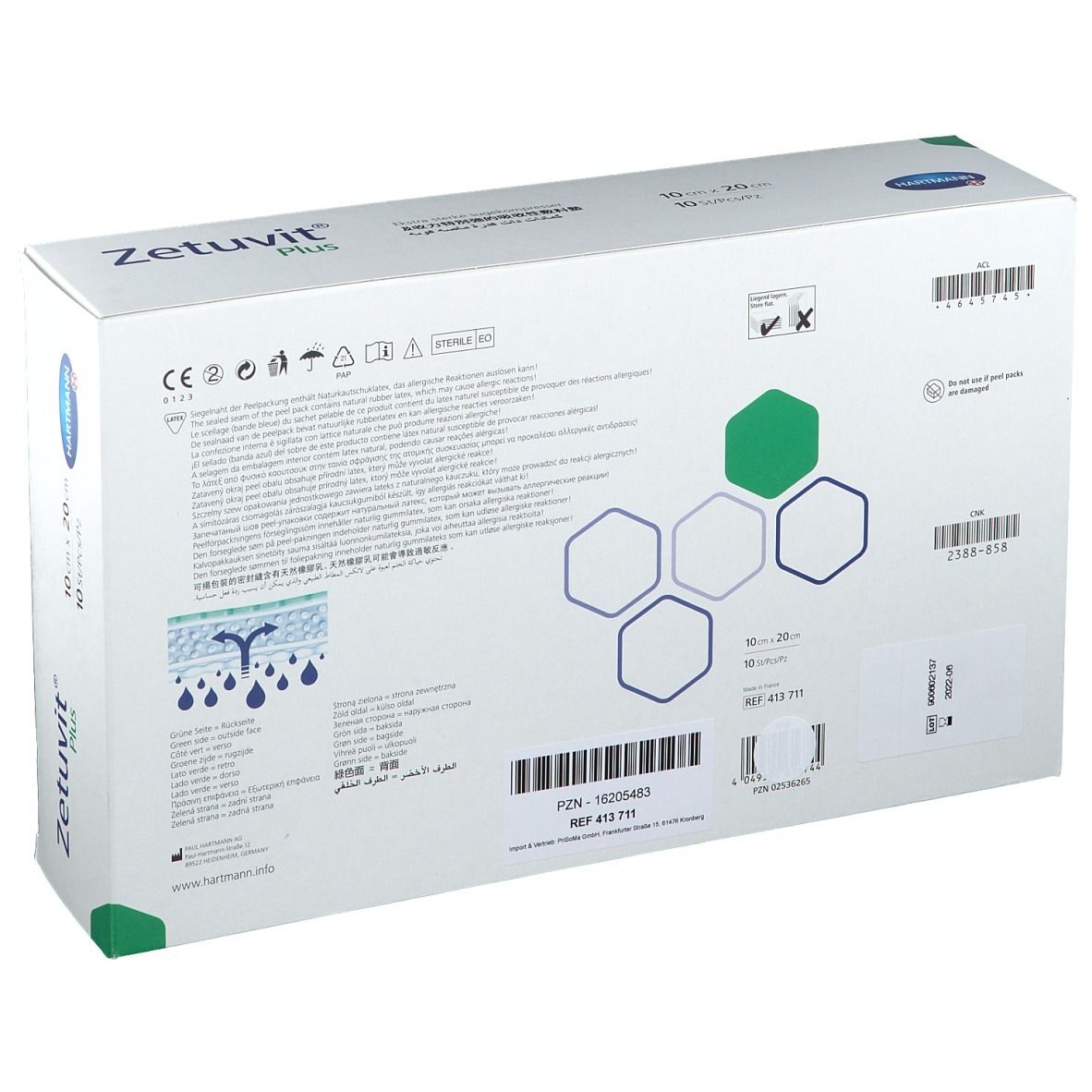 Rückseite Verpackung Zetuvit Plus, mit Produktinformationen und CE-Kennzeichnung