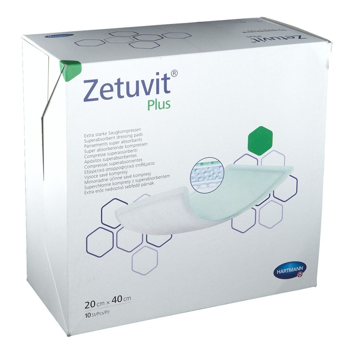 Verpackung von Zetuvit Plus Superabsorber-Wundauflagen, 20x40 cm, 10 Stück.