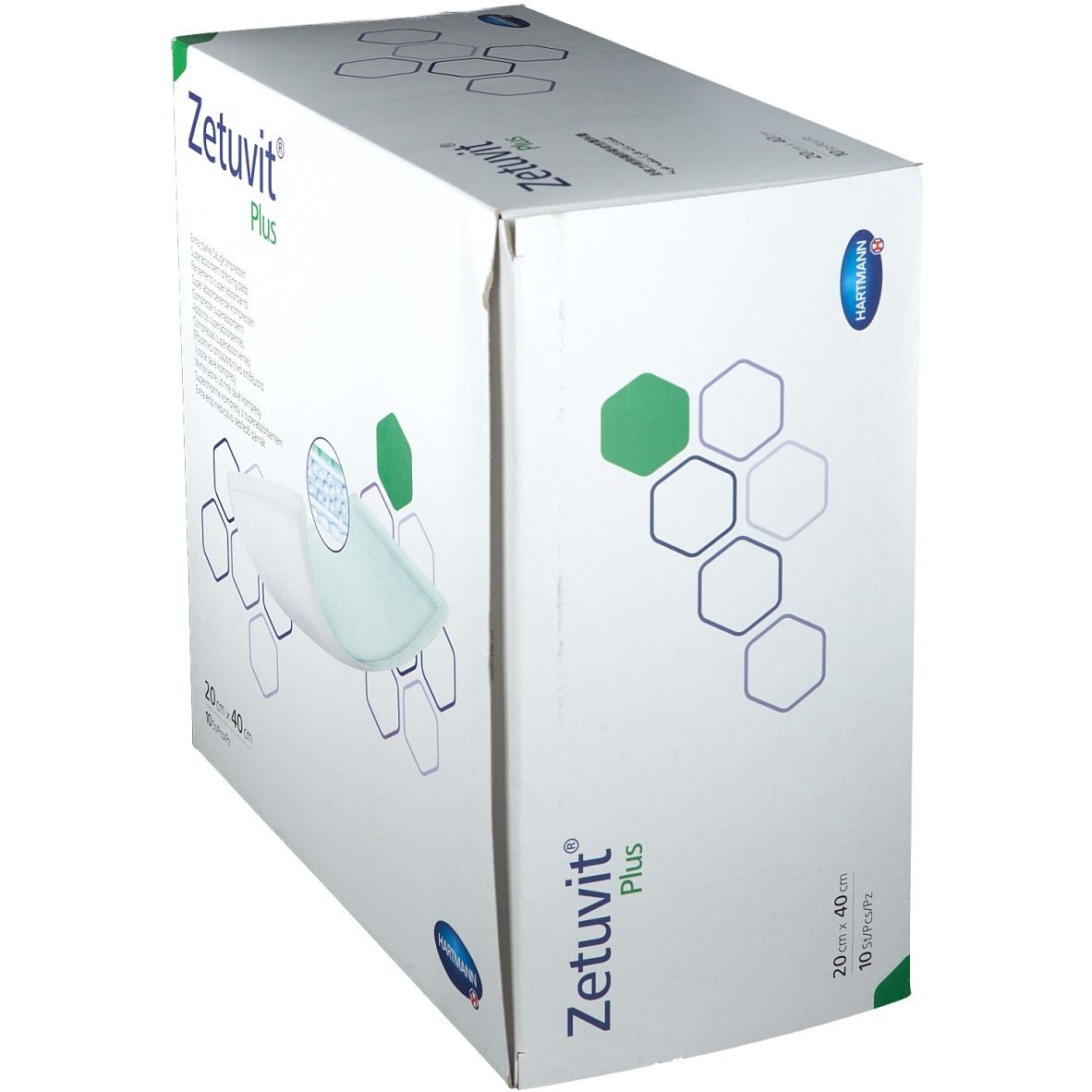 Verpackung von Zetuvit Plus Superabsorber-Wundauflagen, 20x40 cm, 10 Stück.