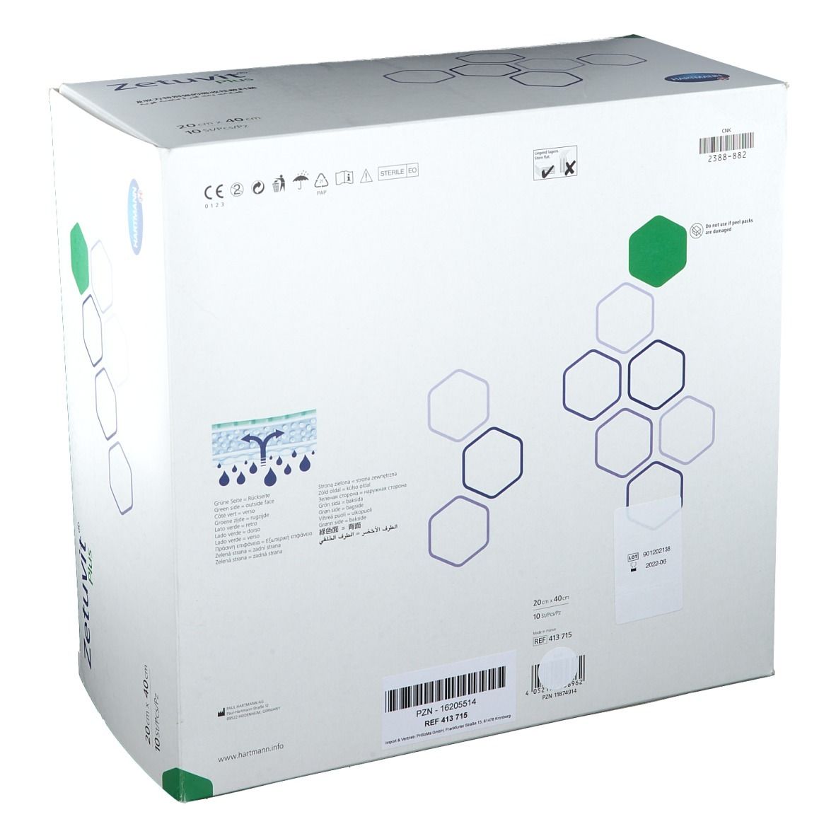 Rückseite der Zetuvit Plus Verpackung mit Produktinformationen und Symbolen.