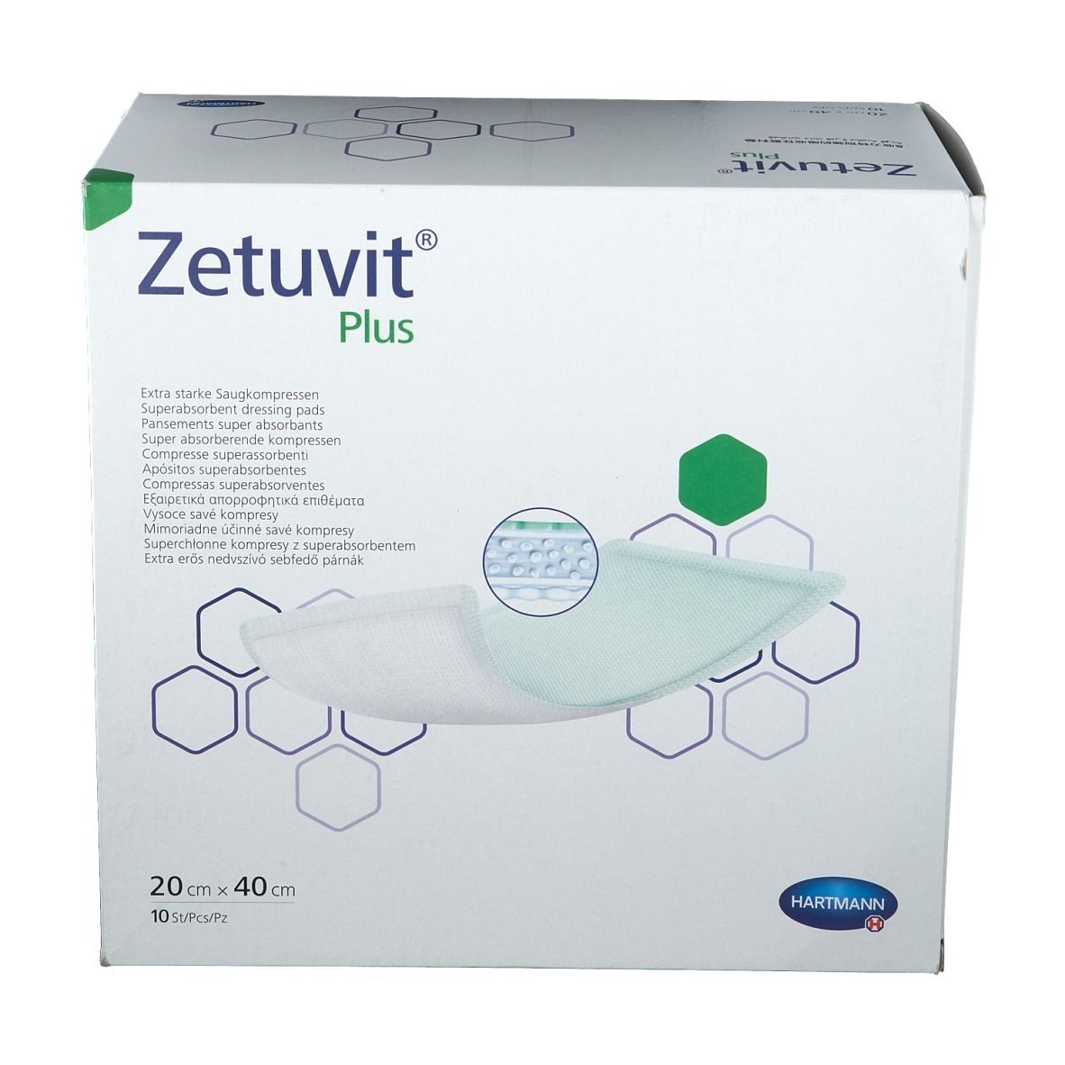 Verpackung von Zetuvit Plus Superabsorber-Wundauflagen, 20x40 cm, 10 Stück.
