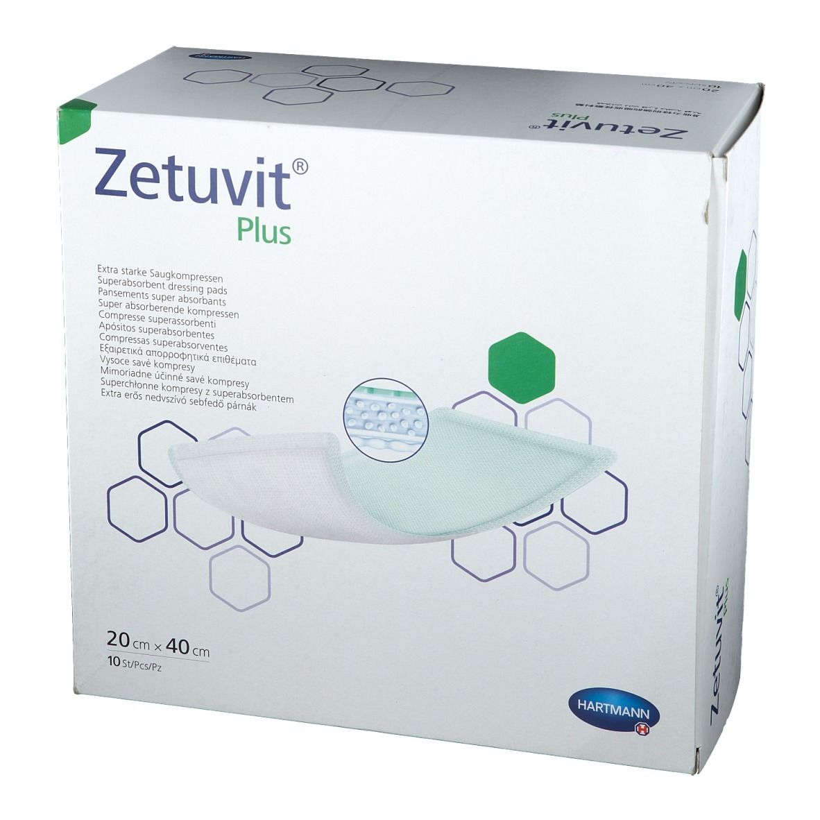 Verpackung von Zetuvit Plus Superabsorber-Wundauflagen, 20x40 cm, 10 Stück.