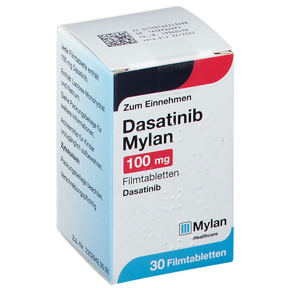 Schachtel mit Dasatinib Mylan 100 mg Filmtabletten. Aufschrift: 30 Filmtabletten. Mylan Healthcare Logo.