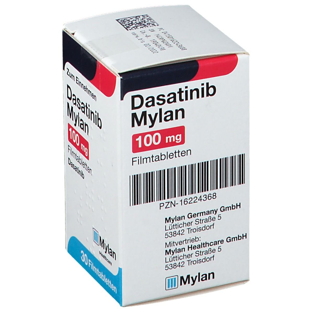 Schachtel Dasatinib Mylan 100 mg Filmtabletten. Barcode und Text: PZN-16224368. Mylan Germany GmbH. Mylan Healthcare GmbH.