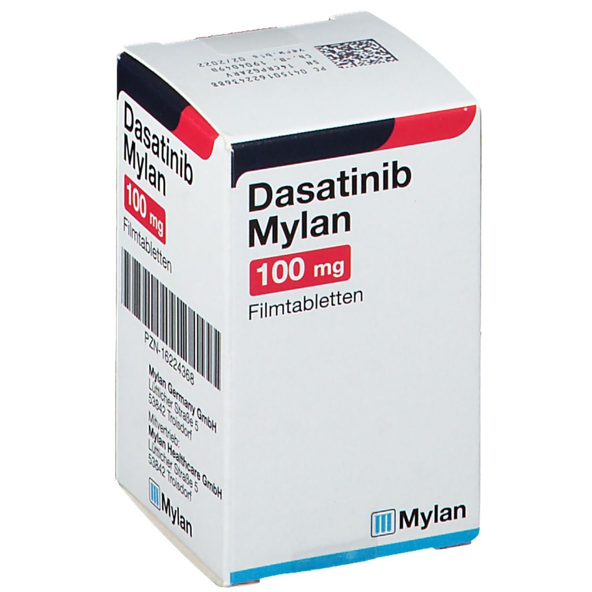 Schachtel Dasatinib Mylan 100 mg Filmtabletten. Aufschrift: Dasatinib, 100 mg, Filmtabletten. Mylan Healthcare Logo.