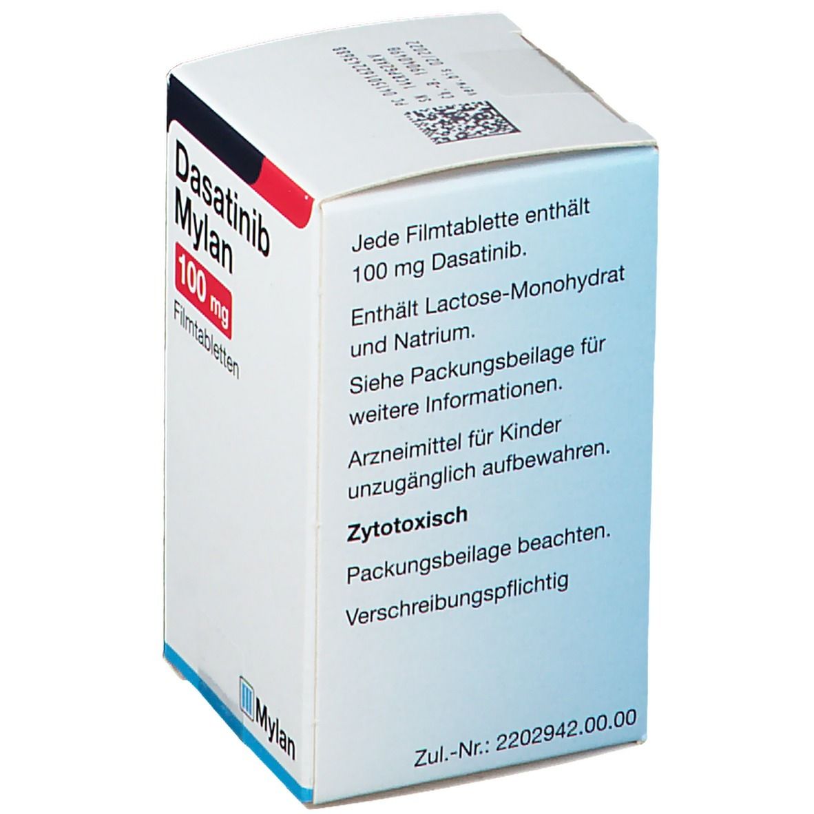 Schachtel Dasatinib Mylan 100 mg Filmtabletten. Text: Enthält 100 mg Dasatinib. Zytotoxisch. Verschreibungspflichtig. Mylan Logo.