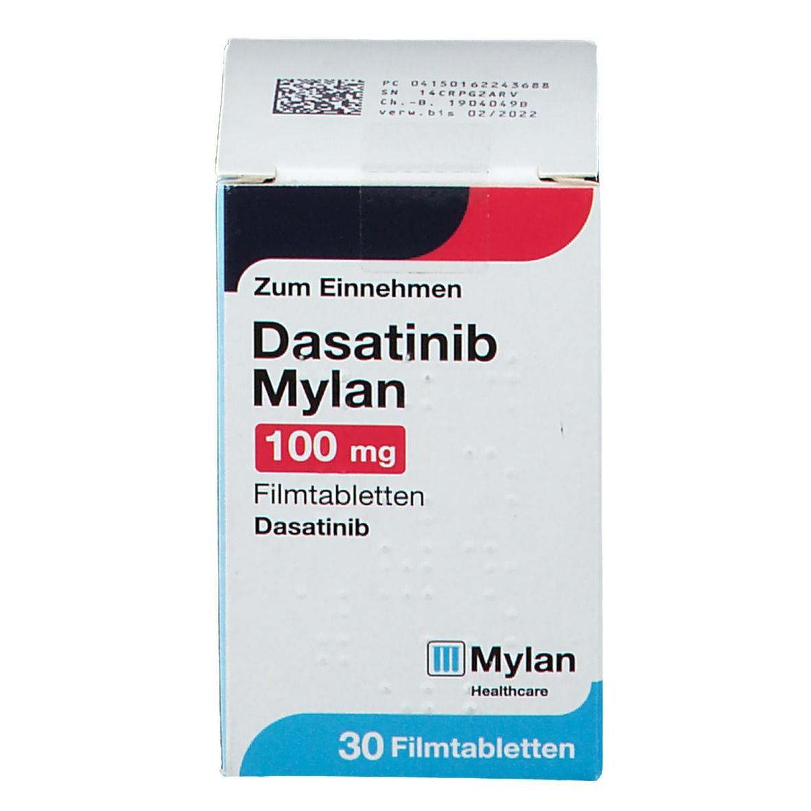 Schachtel Dasatinib Mylan 100 mg Filmtabletten. Aufschrift: 30 Filmtabletten. Mylan Healthcare Logo. Zum Einnehmen.