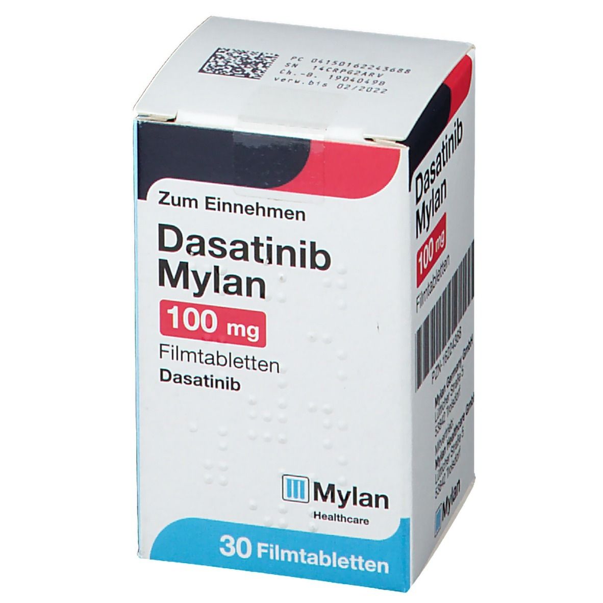Schachtel Dasatinib Mylan 100 mg Filmtabletten. Aufschrift: 30 Filmtabletten. Mylan Healthcare Logo. Zum Einnehmen.