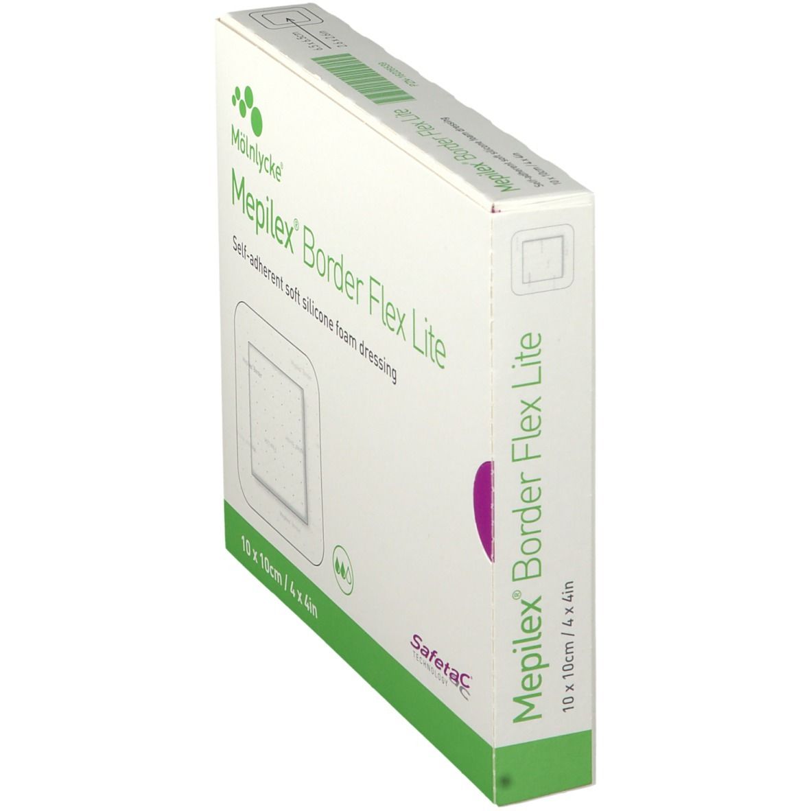Verpackung Mepilex Border Flex Lite Schaumverband, 10x10cm. Seitenansicht.