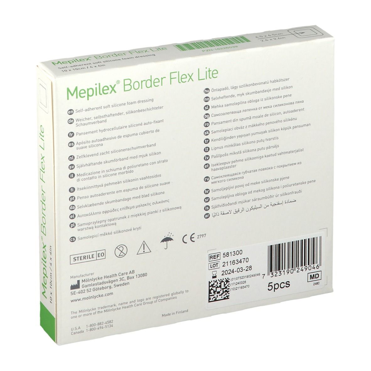 Rückseite der Verpackung Mepilex Border Flex Lite Schaumverband, 10x10cm. Mit Produktinformationen und Symbolen.
