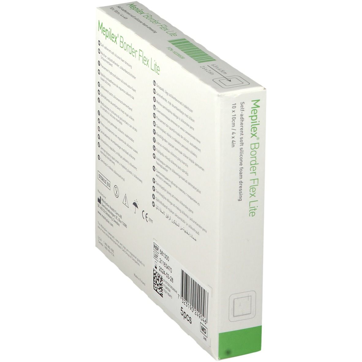 Verpackung Mepilex Border Flex Lite Schaumverband, 10x10cm. Schrägansicht mit Produktinformationen.