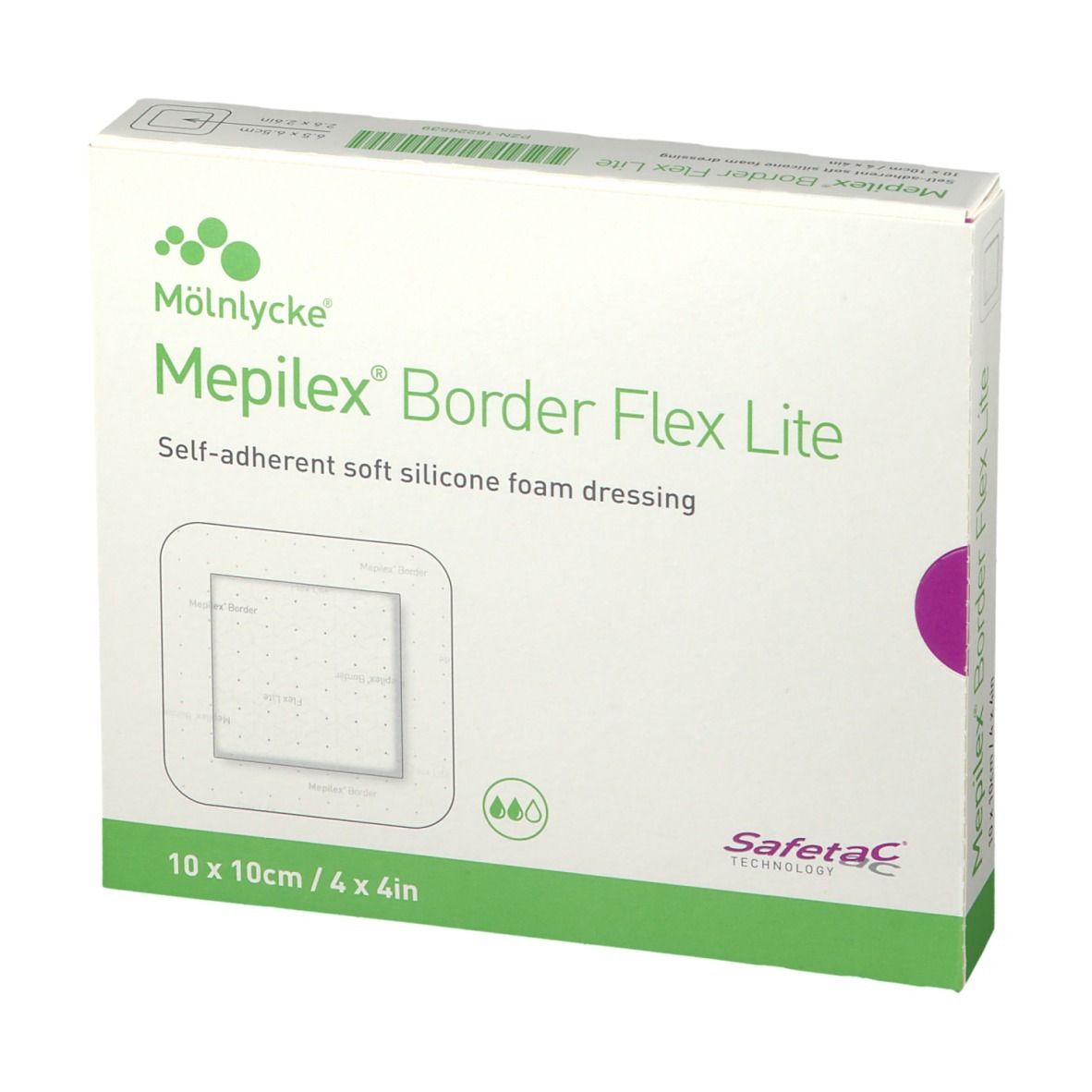 Verpackung Mepilex Border Flex Lite Schaumverband, 10x10cm. Vorderseite mit Logo und Produktnamen.