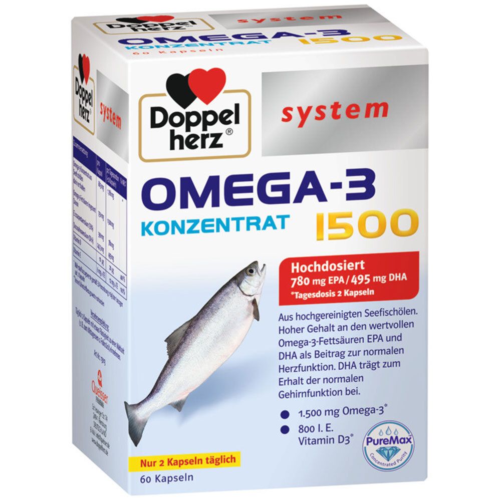 Verpackung von Doppelherz® system Omega-3 Konzentrat 1500. Enthält 60 Kapseln. Aufdruck: Omega-3 Konzentrat, 1500, hochdosiert, 780 mg EPA/495 mg DHA.