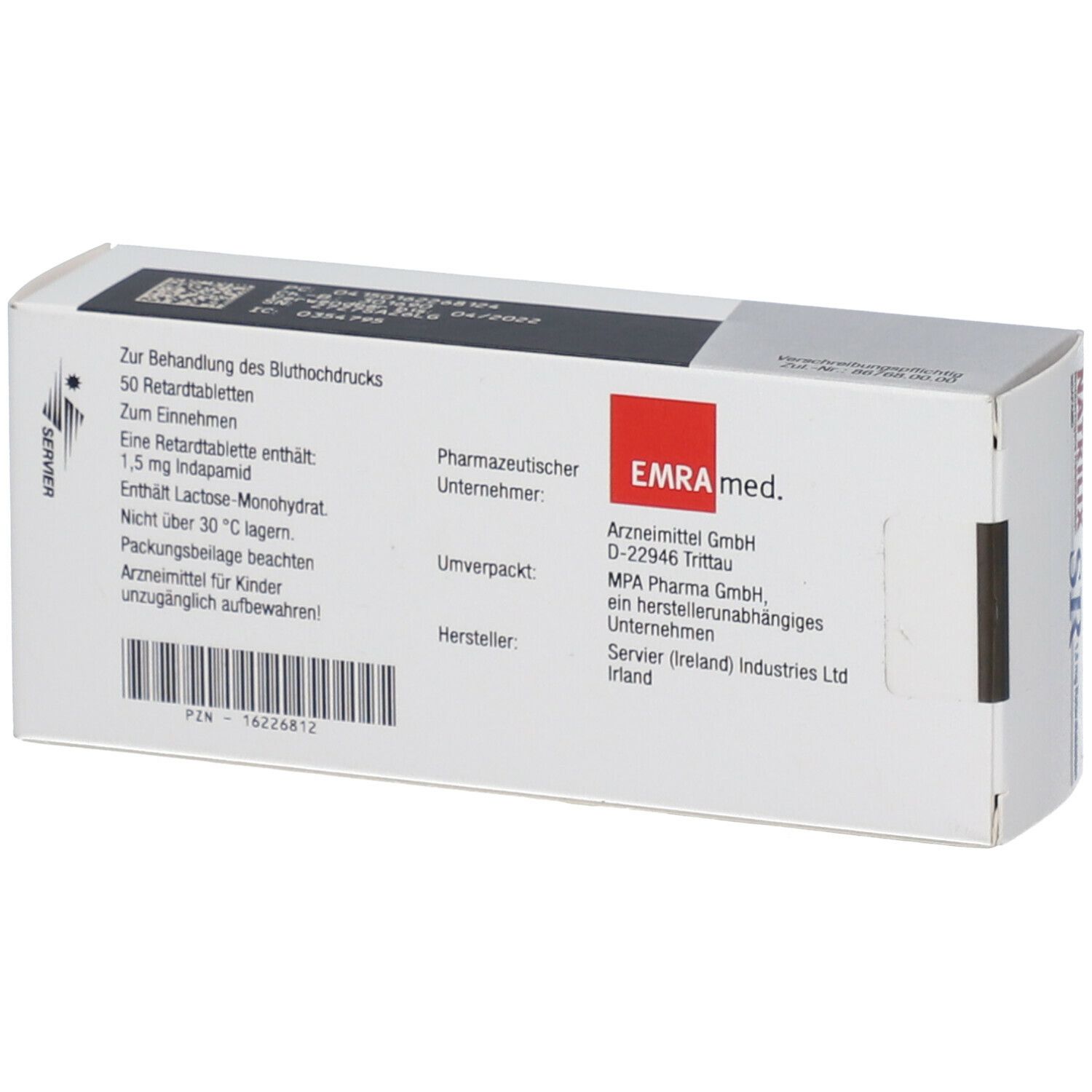 Rückseite einer weißen Faltschachtel. Text: Zur Behandlung des Bluthochdrucks. 50 Retardtabletten. Hersteller: Servier (Ireland) Industries Ltd.