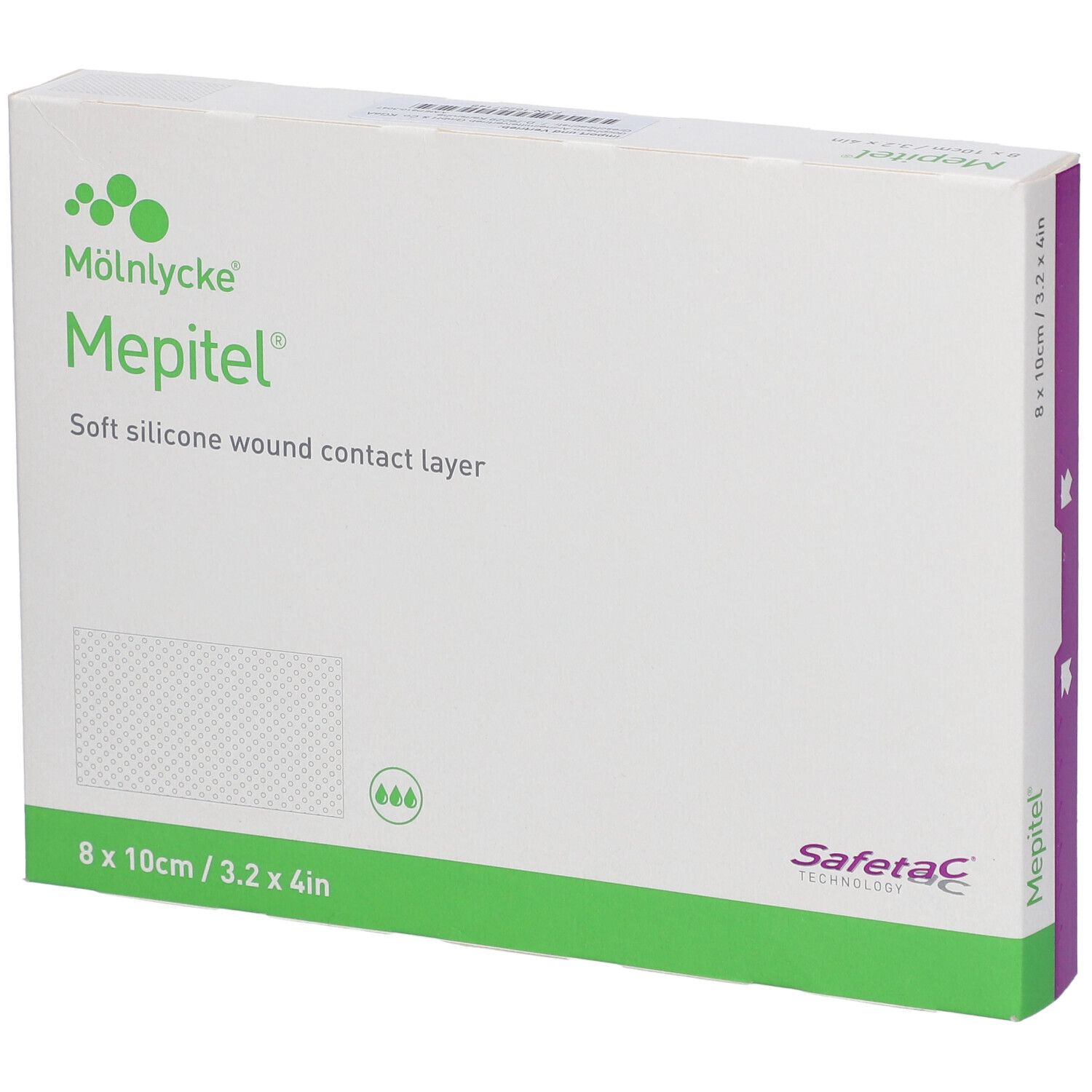 Verpackung von Mepitel®, 8x10cm. Weisse Schachtel mit grünem Akzent. Aufdruck: Mepitel®, Soft silicone wound contact layer.