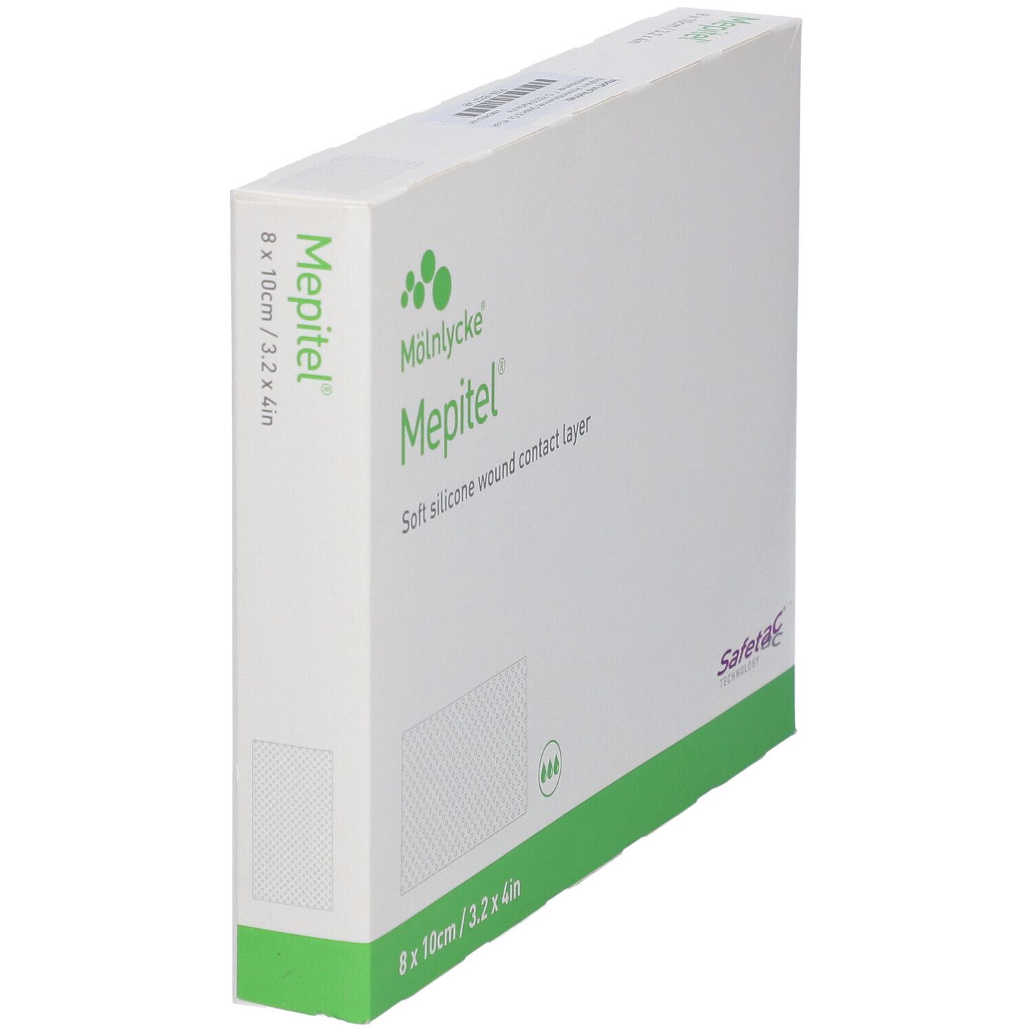Mepitel® Verpackung, 8x10cm. Weisse Schachtel mit grünem Akzent. Aufdruck: Mepitel®, Soft silicone wound contact layer.