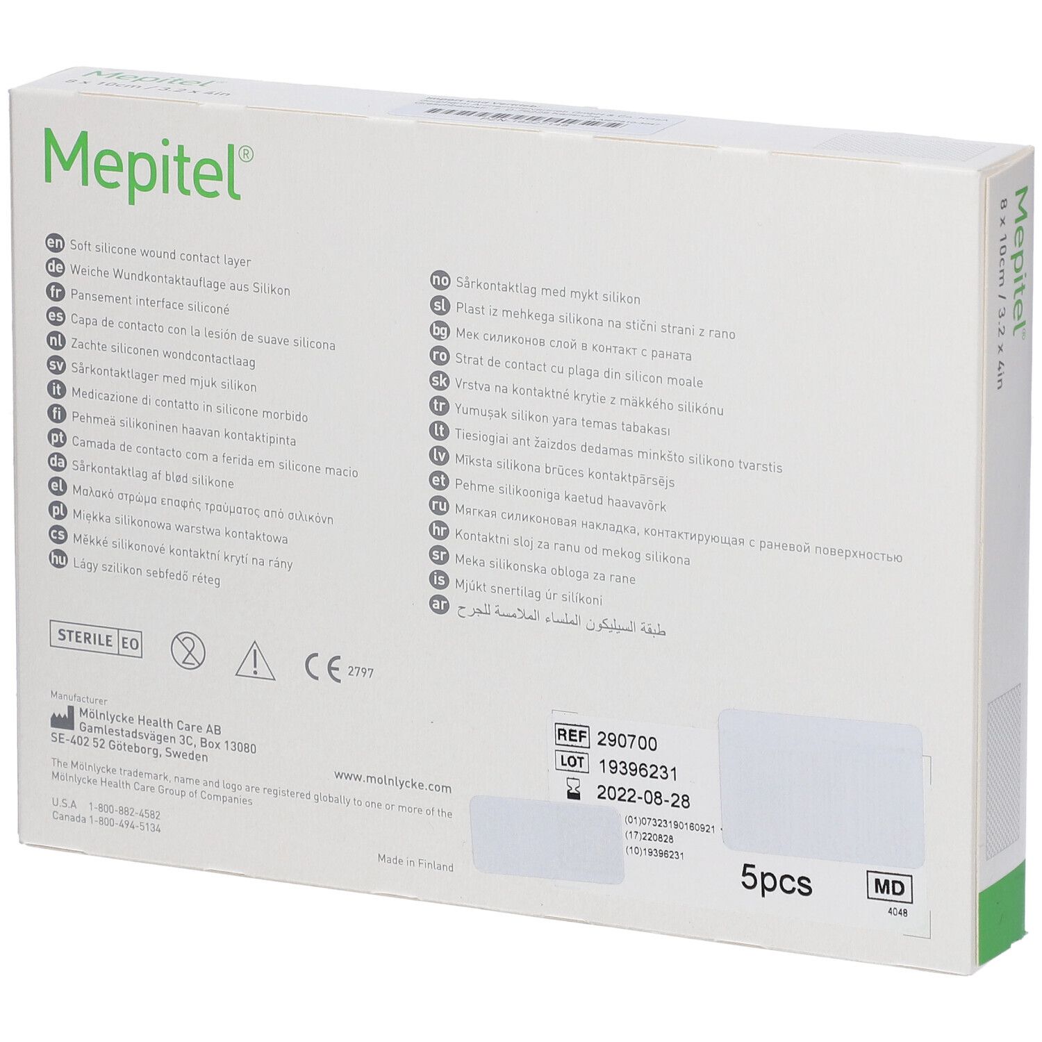 Rückseite der Mepitel® Verpackung. Mehrsprachige Produktinformationen. Enthält 5 Stück. Steril.