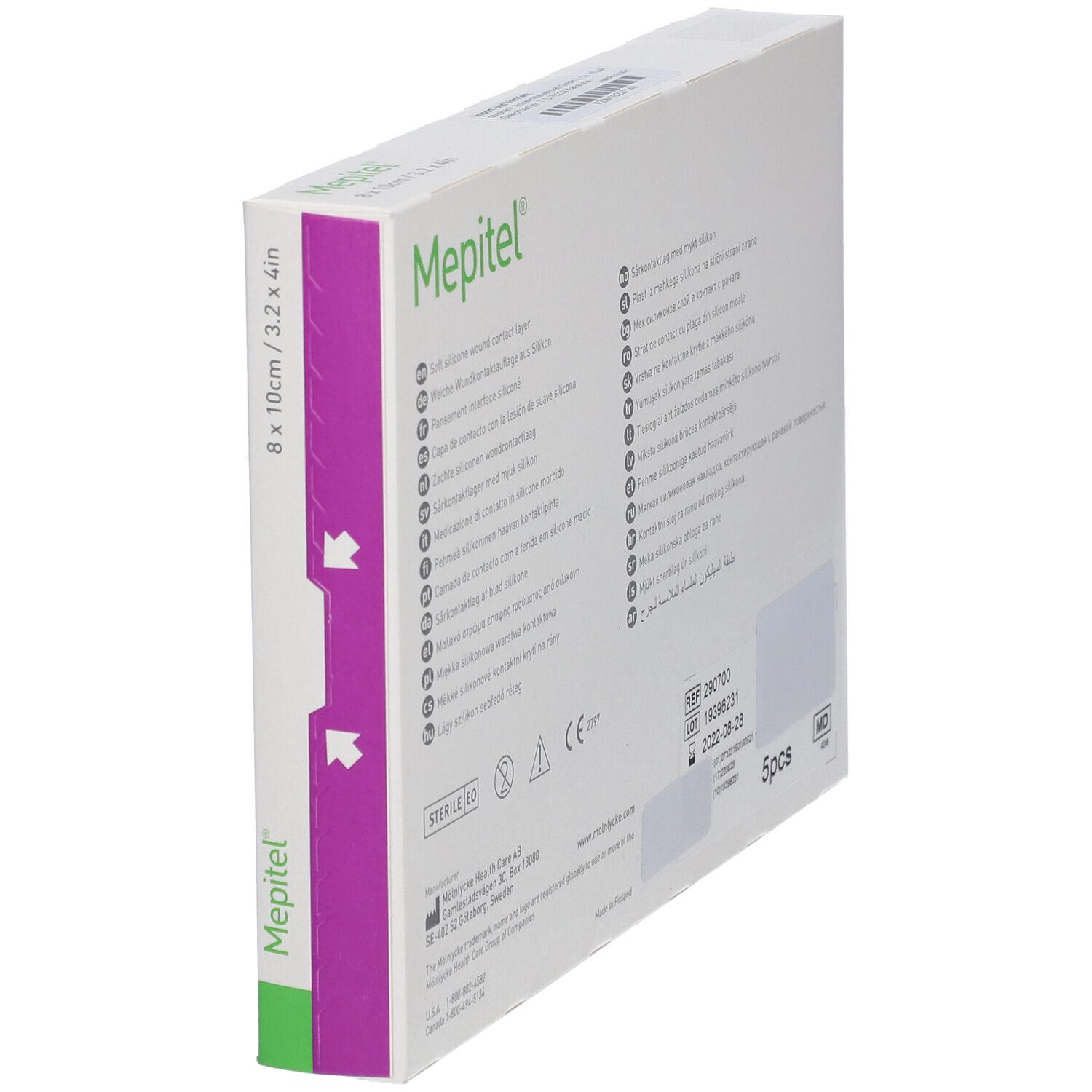 Rückseite der Mepitel® Verpackung. Mehrsprachige Produktinformationen. Enthält 5 Stück. Steril.