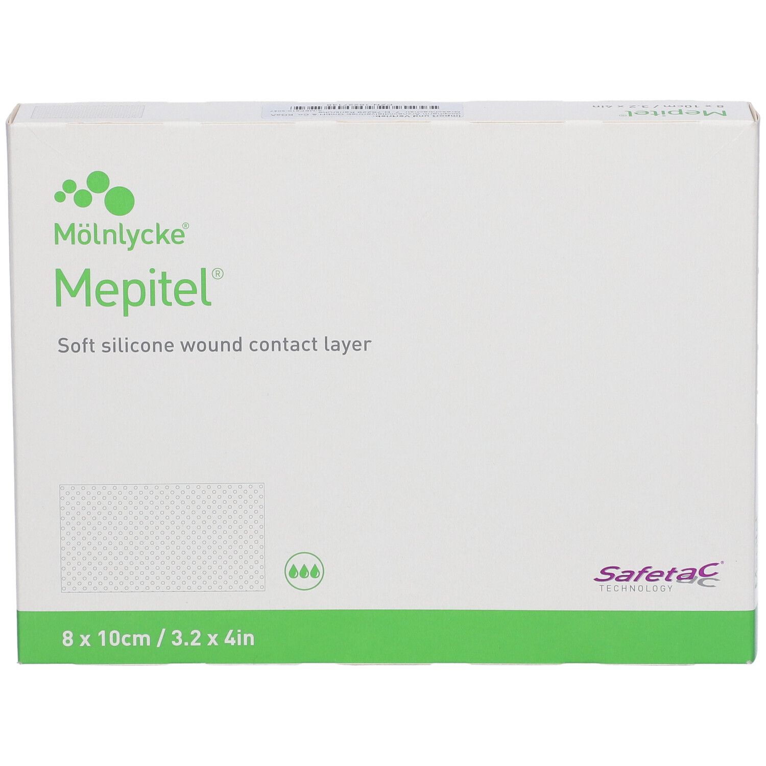 Mepitel® Verpackung, 8x10cm. Weisse Schachtel mit grünem Akzent. Aufdruck: Mepitel®, Soft silicone wound contact layer.