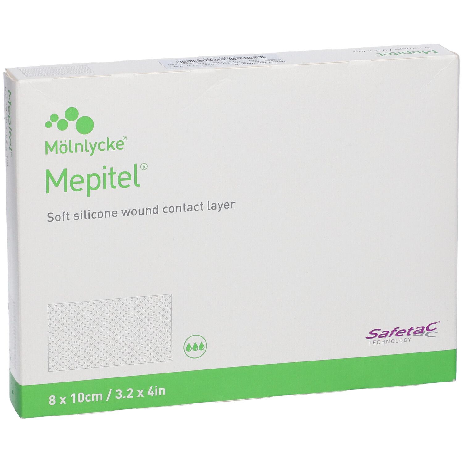 Mepitel® Verpackung, 8x10cm. Weisse Schachtel mit grünem Akzent. Aufdruck: Mepitel®, Soft silicone wound contact layer.