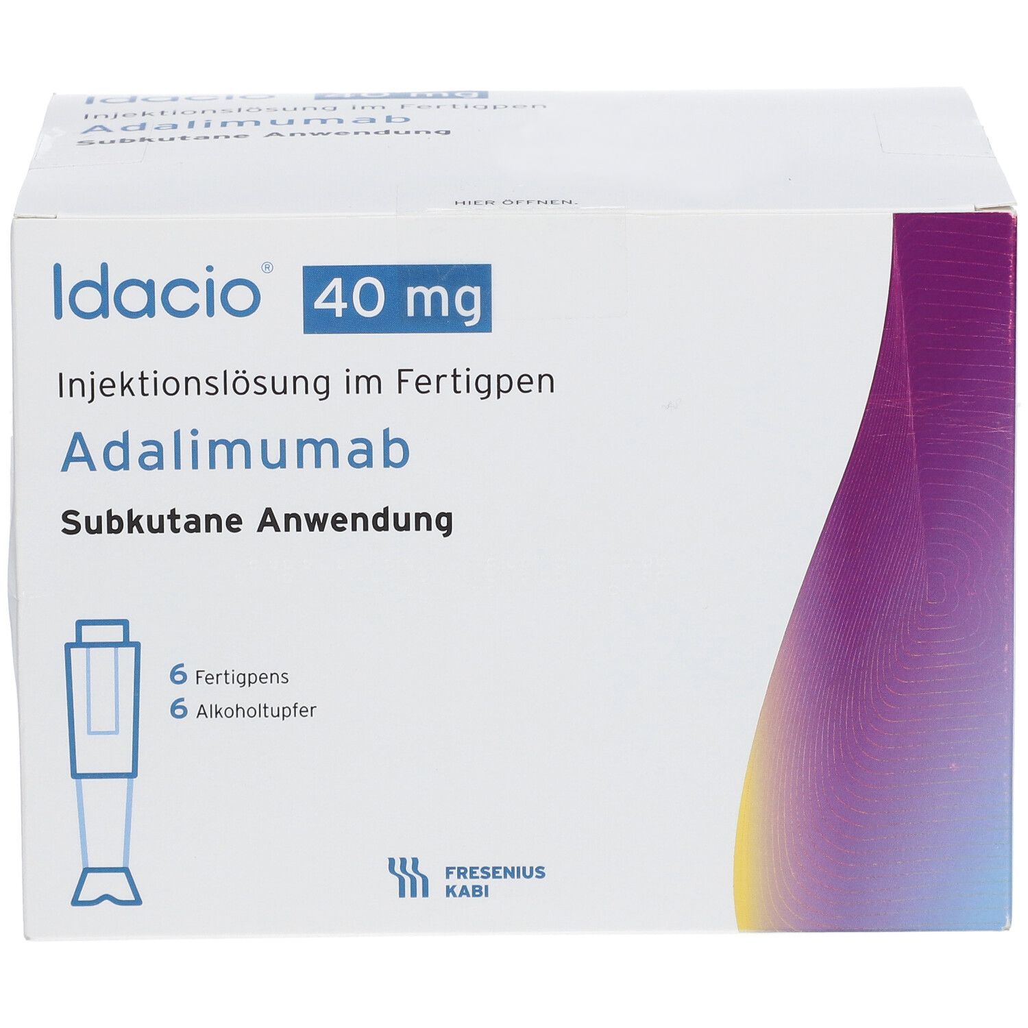 Idacio 40 mg Adalimumab Injektionslösung im Fertigpen. Enthält 6 Fertigpens und 6 Alkoholtupfer.