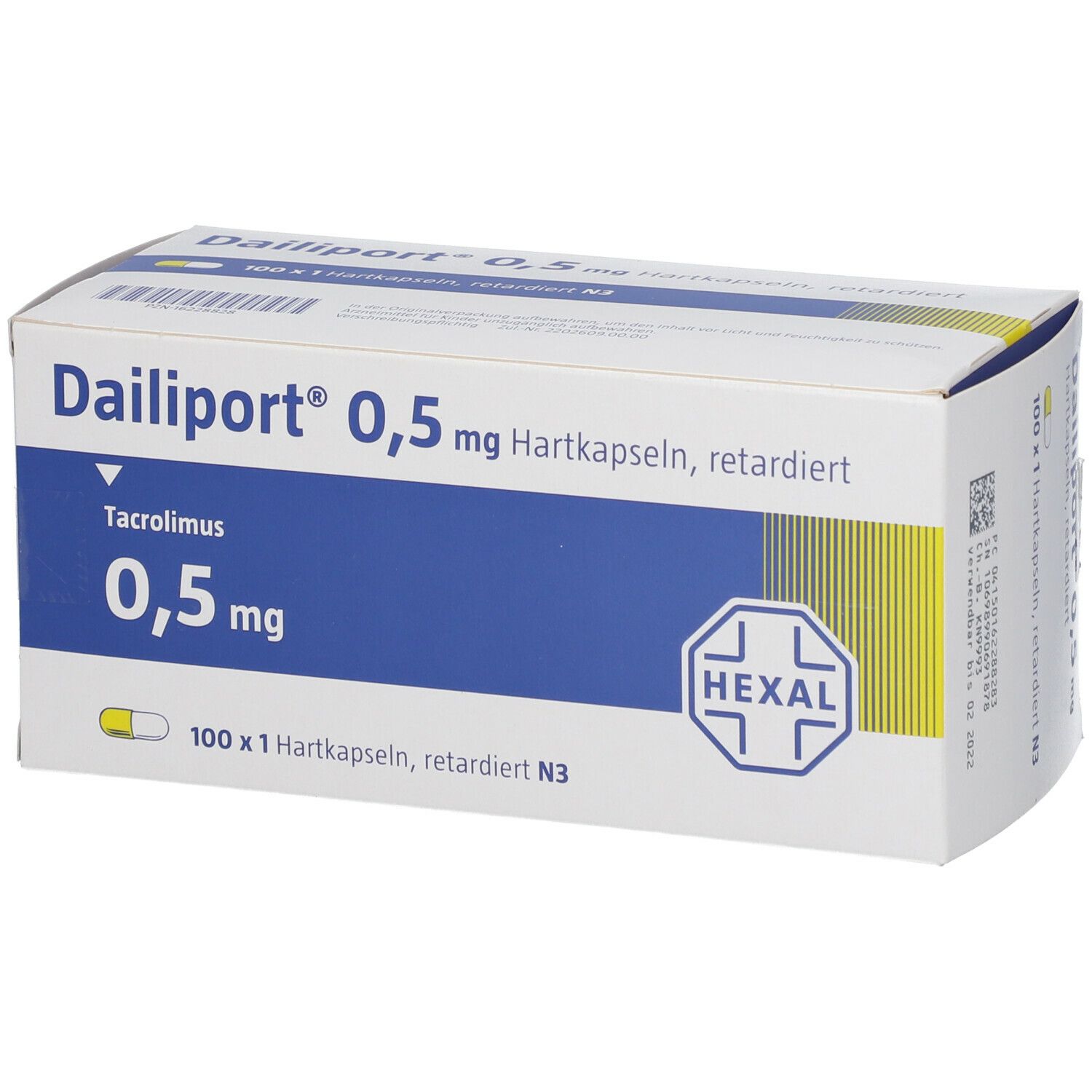 Dailiport 0,5 mg Hartkapseln retardiert. Weiße Schachtel mit blauer Fläche und gelben Akzenten. HEXAL-Logo.