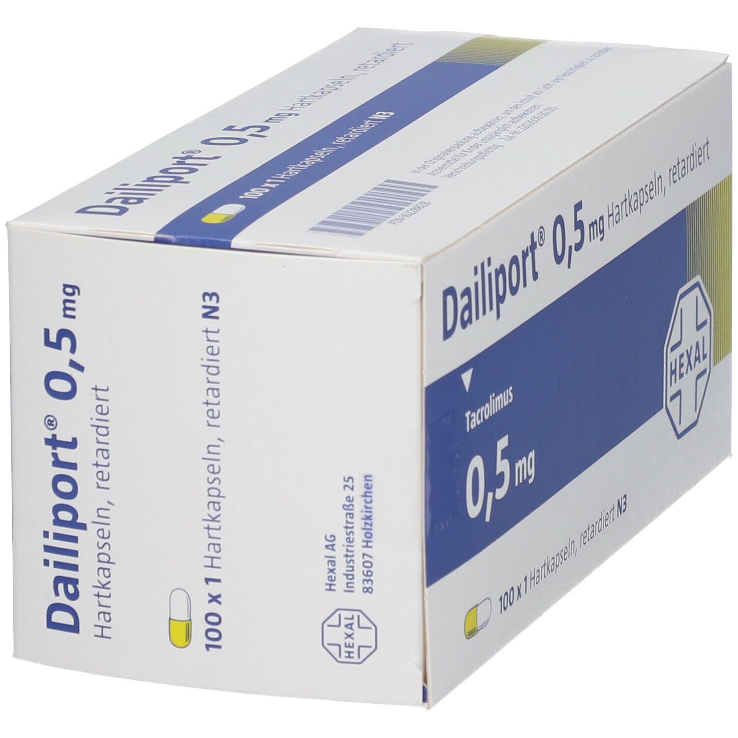 Dailiport 0,5 mg Hartkapseln retardiert. Schachtel, schräg gestellt. Weiße Verpackung mit blauer Fläche und gelben Akzenten.