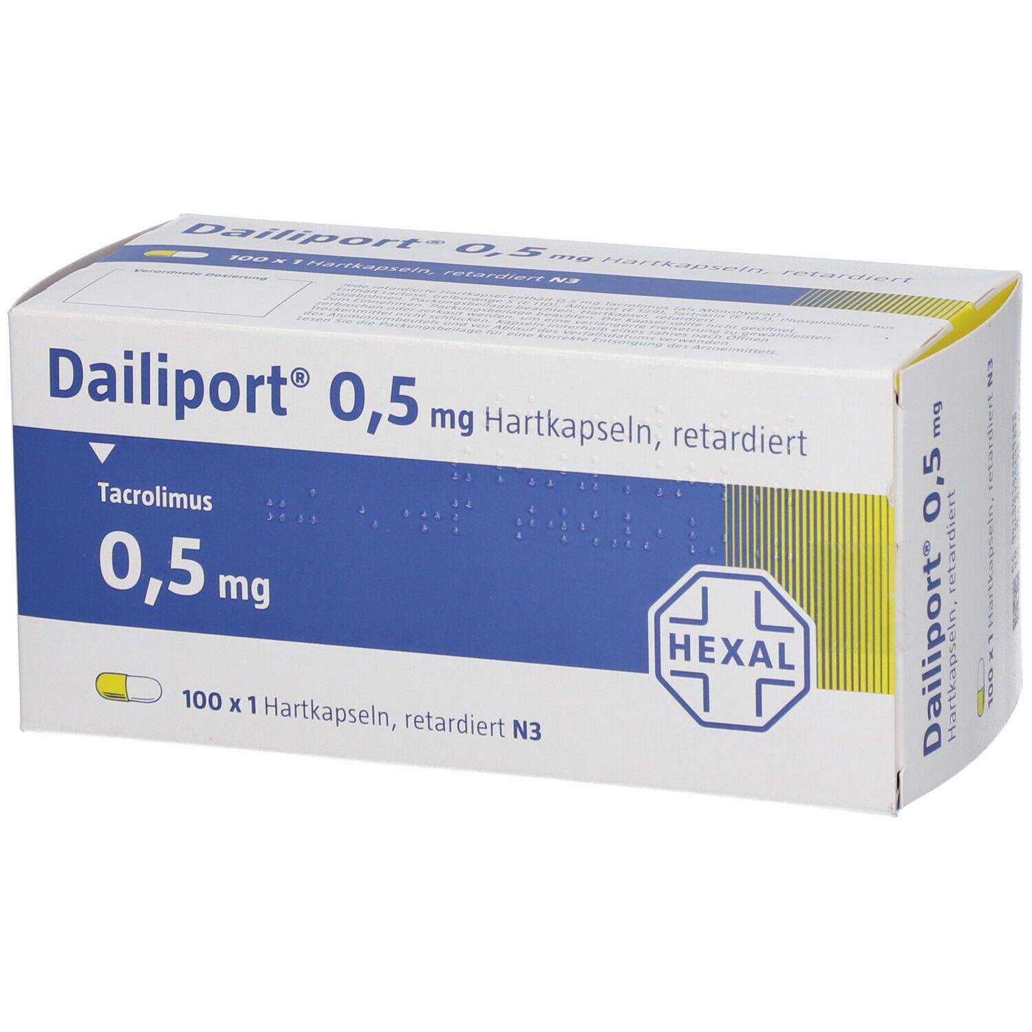 Dailiport 0,5 mg Hartkapseln retardiert. Weiße Schachtel mit blauer Fläche und gelben Akzenten. HEXAL-Logo und Braille-Schrift.