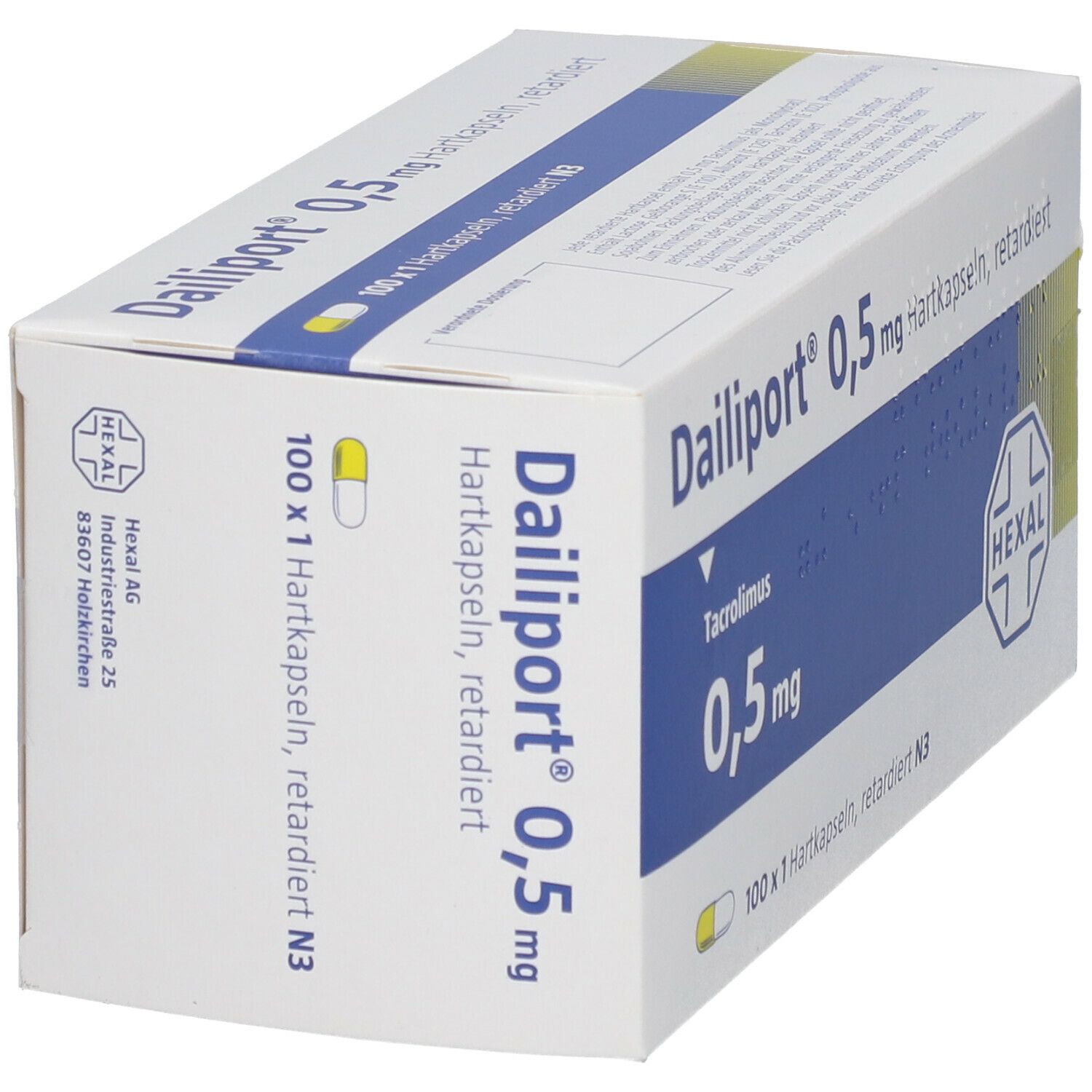 Dailiport 0,5 mg Hartkapseln retardiert. Schachtel, schräg gestellt. Weiße Verpackung mit blauer Fläche und gelben Akzenten.