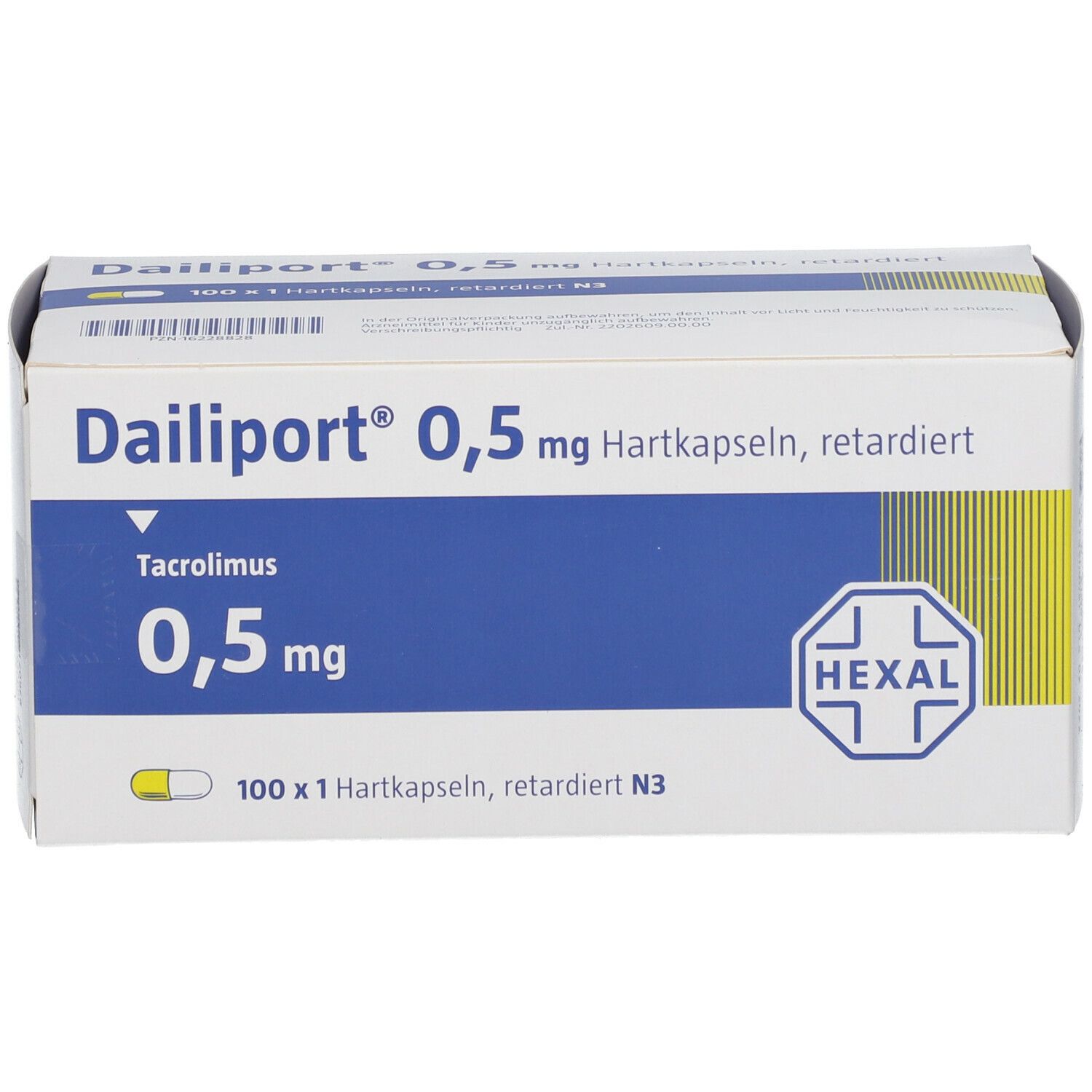 Dailiport 0,5 mg Hartkapseln retardiert. Weiße Schachtel mit blauer Fläche und gelben Akzenten. HEXAL-Logo.