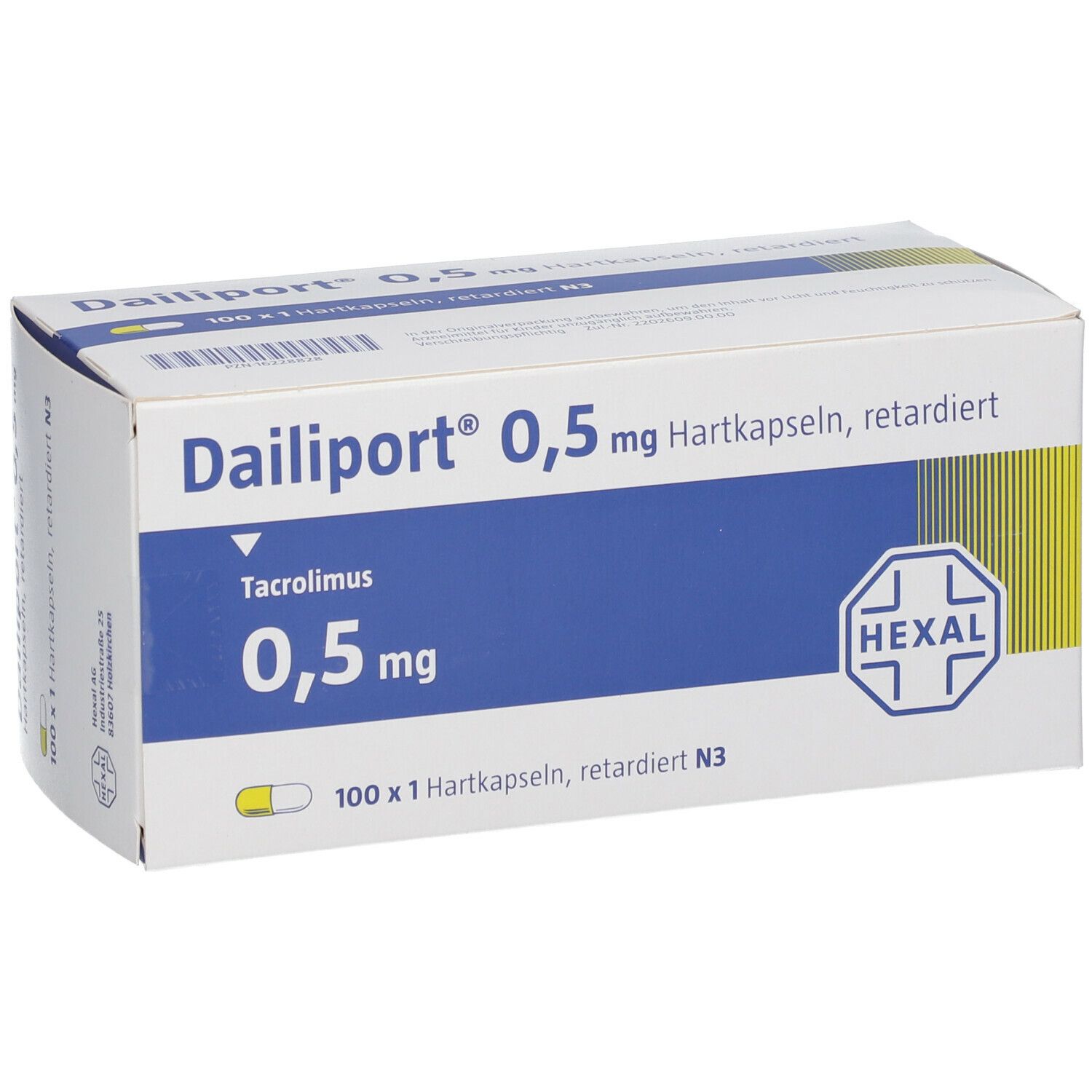 Dailiport 0,5 mg Hartkapseln retardiert. Weiße Schachtel mit blauer Fläche und gelben Akzenten. HEXAL-Logo.