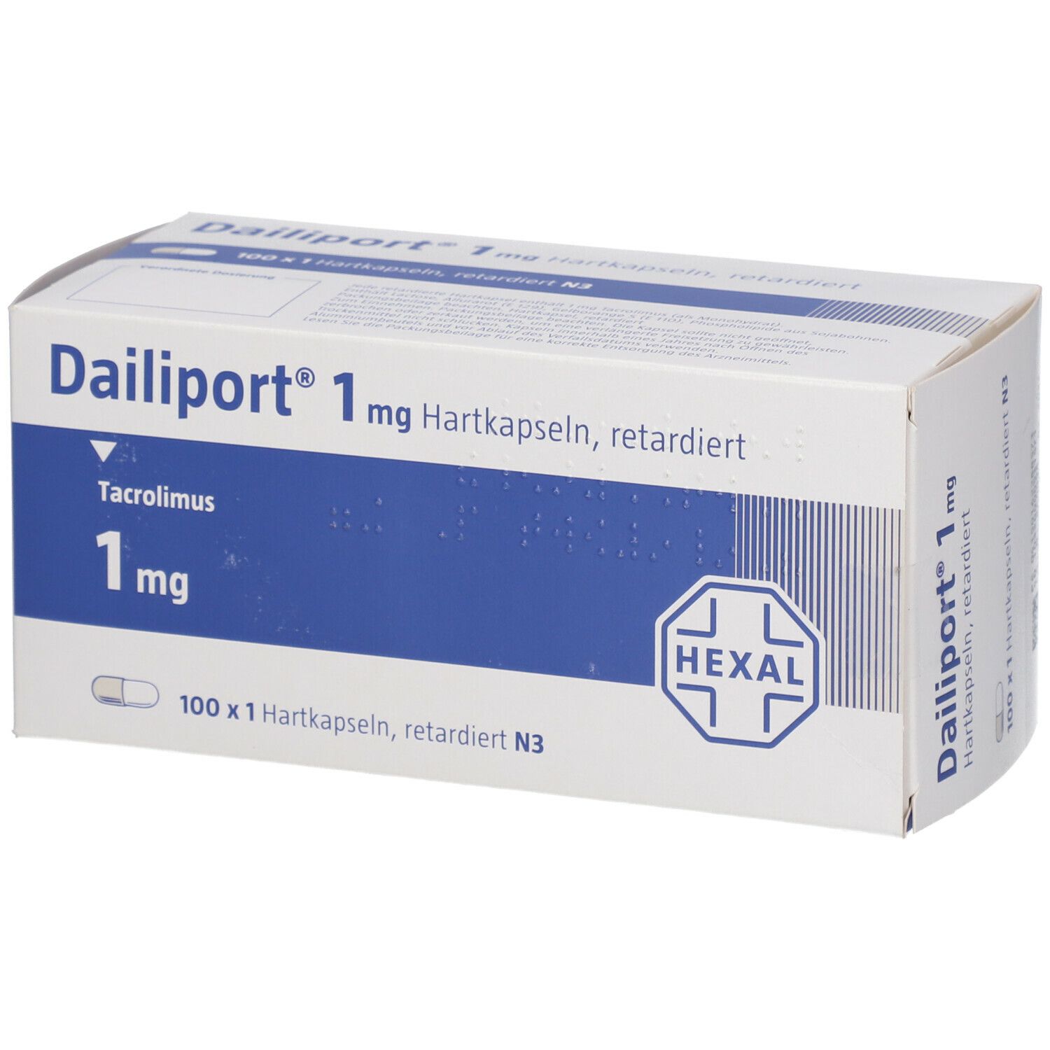 Dailiport 1 mg Hartkapseln retardiert-Packung. Weiße Schachtel mit blauer Fläche. Enthält 100 Kapseln. Hexal-Logo.