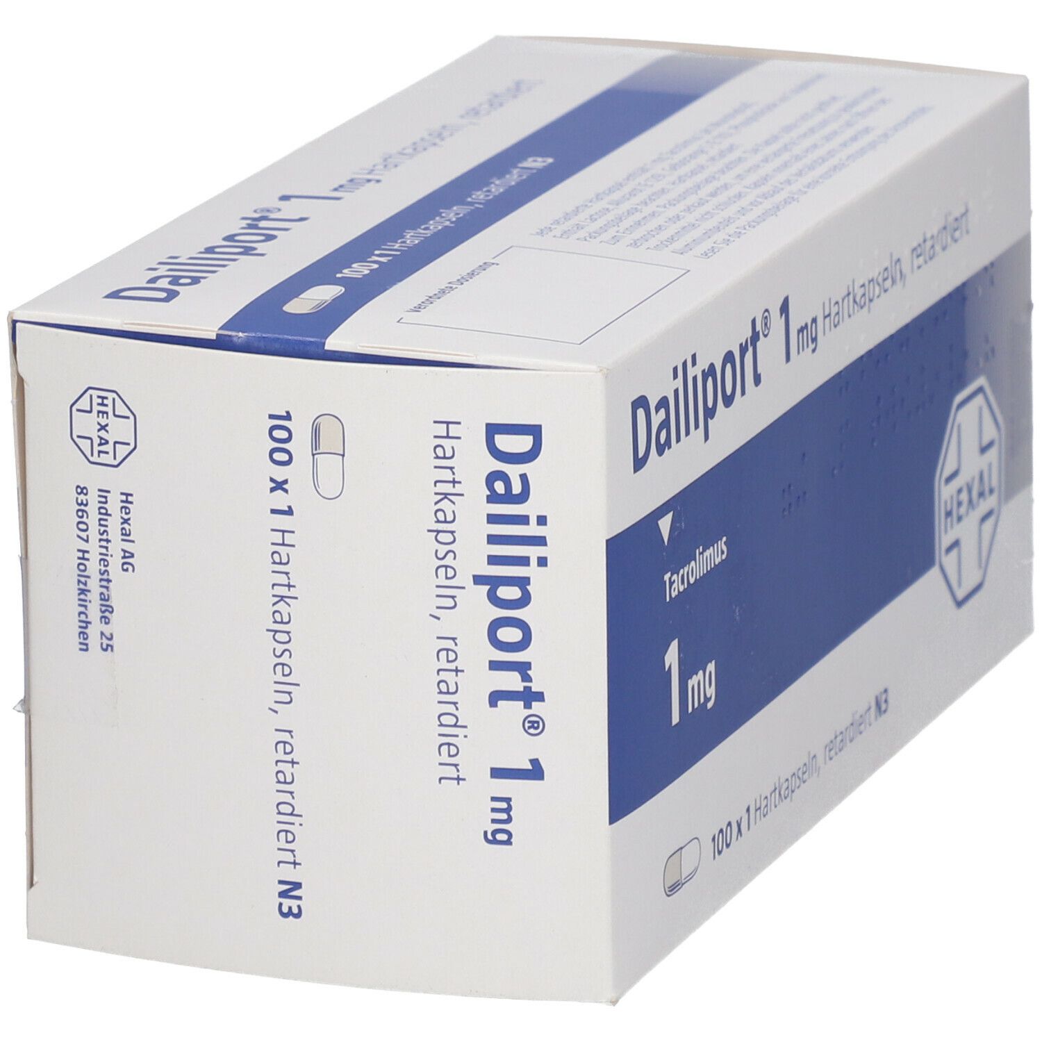 Dailiport 1 mg Hartkapseln retardiert-Packung. Weiße Schachtel mit blauer Fläche. Enthält 100 Kapseln. Hexal-Logo.