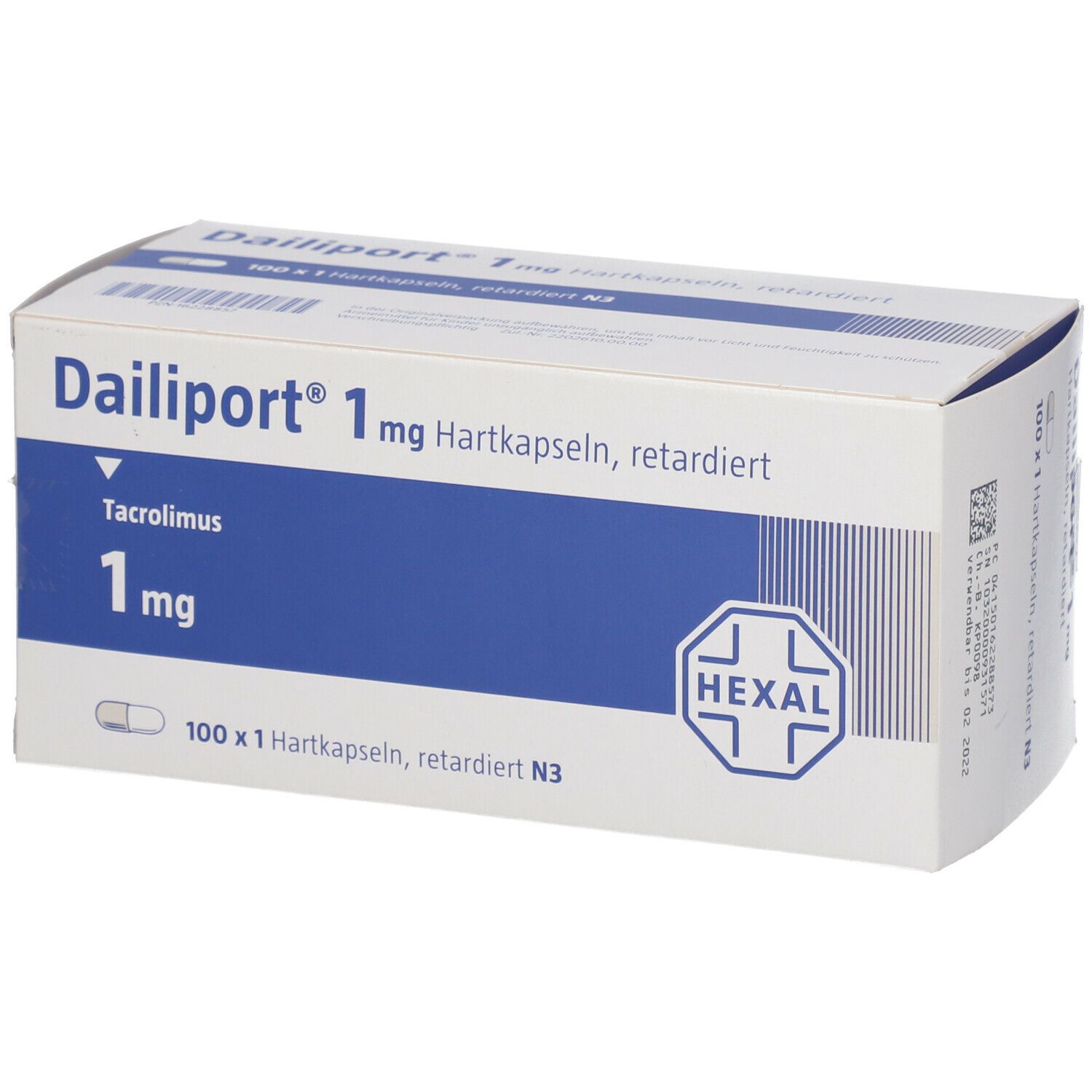 Dailiport 1 mg Hartkapseln retardiert-Packung. Weiße Schachtel mit blauer Fläche. Enthält 100 Kapseln. Hexal-Logo.
