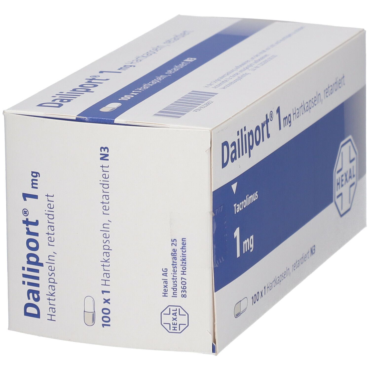 Dailiport 1 mg Hartkapseln retardiert-Packung. Weiße Schachtel mit blauer Fläche. Enthält 100 Kapseln. Hexal-Logo.