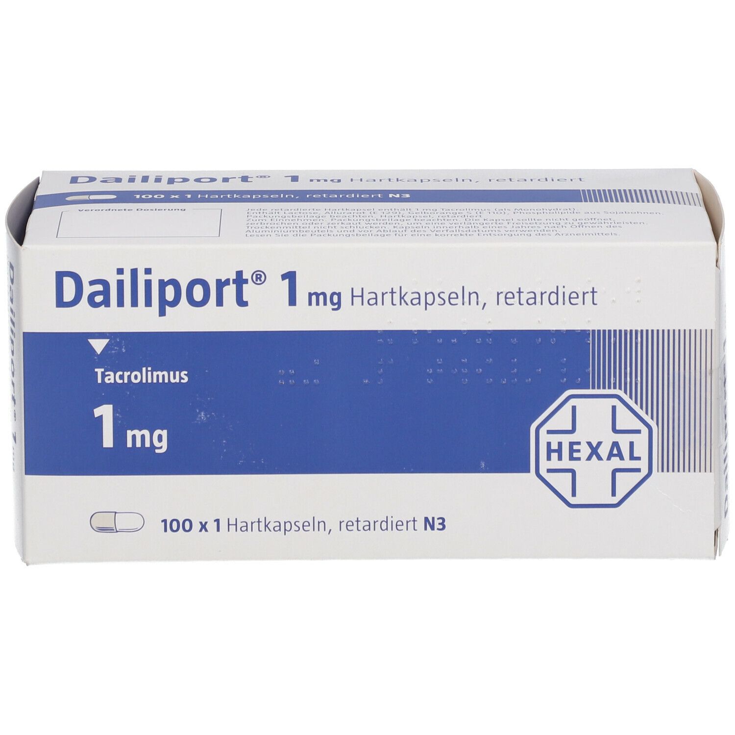 Dailiport 1 mg Hartkapseln retardiert-Packung. Weiße Schachtel mit blauer Fläche. Enthält 100 Kapseln. Hexal-Logo.