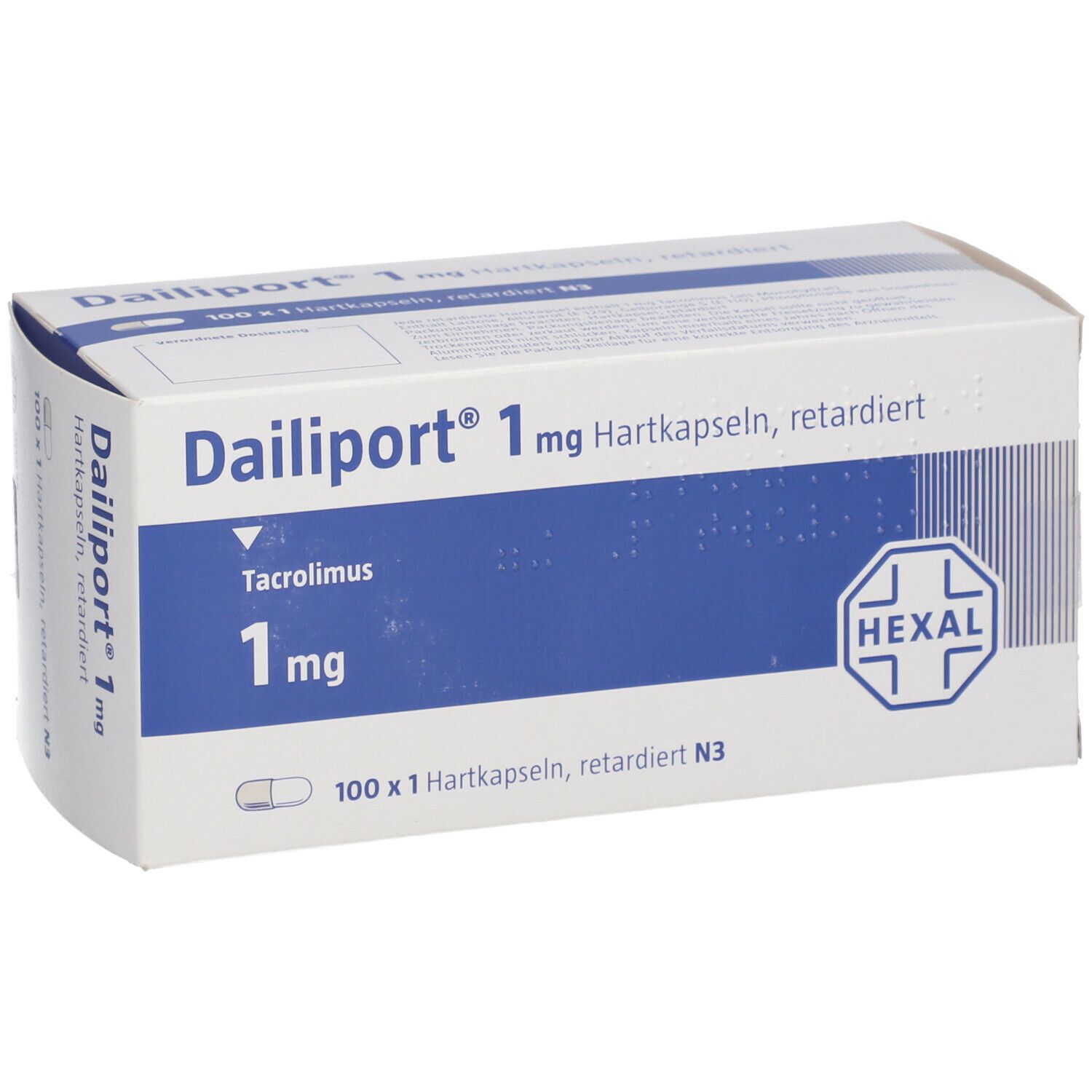 Dailiport 1 mg Hartkapseln retardiert-Packung. Weiße Schachtel mit blauer Fläche. Enthält 100 Kapseln. Hexal-Logo.