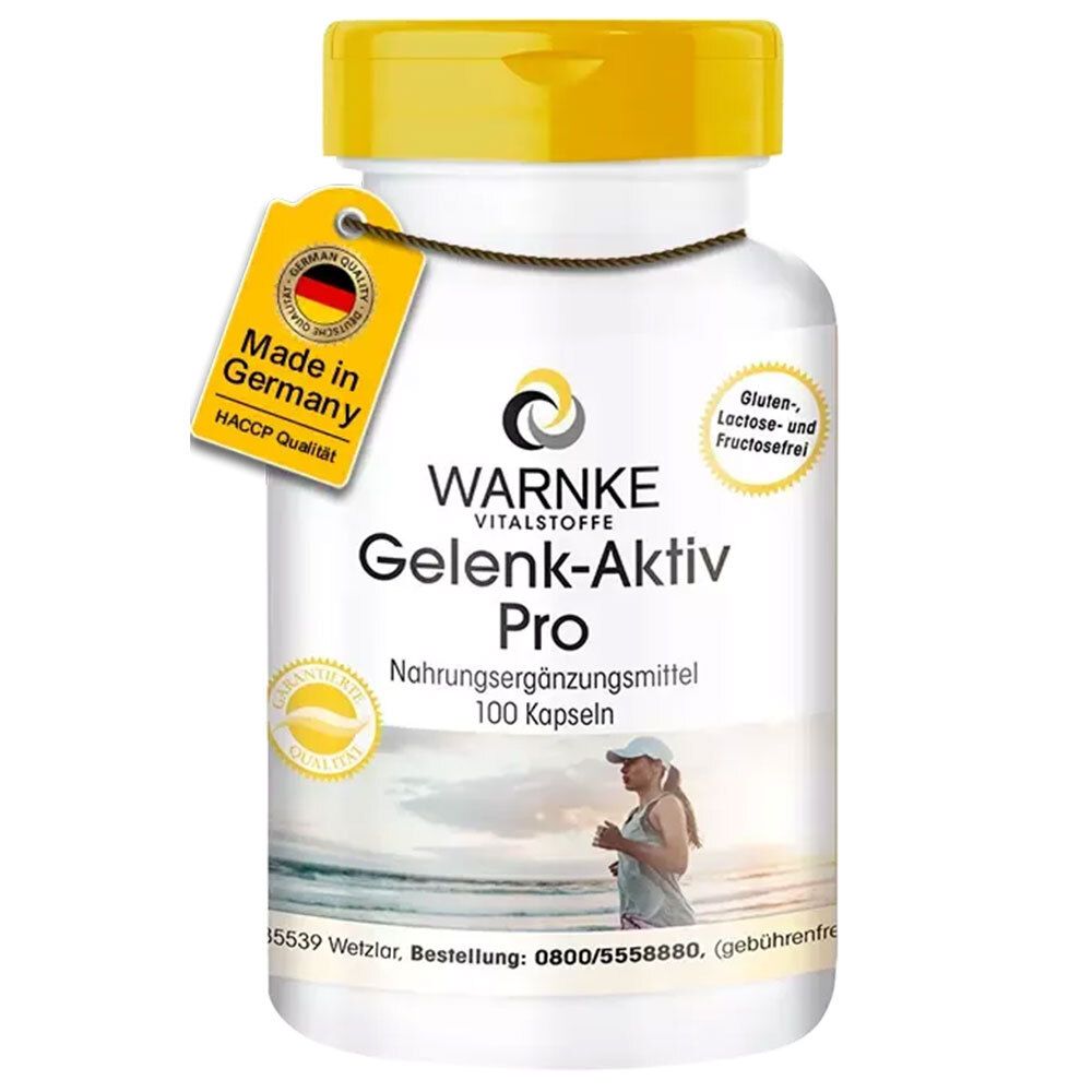 Weißes Pillenbehälter mit gelbem Deckel. Aufschrift: Warnke Gelenk-Aktiv Pro. Made in Germany-Siegel.