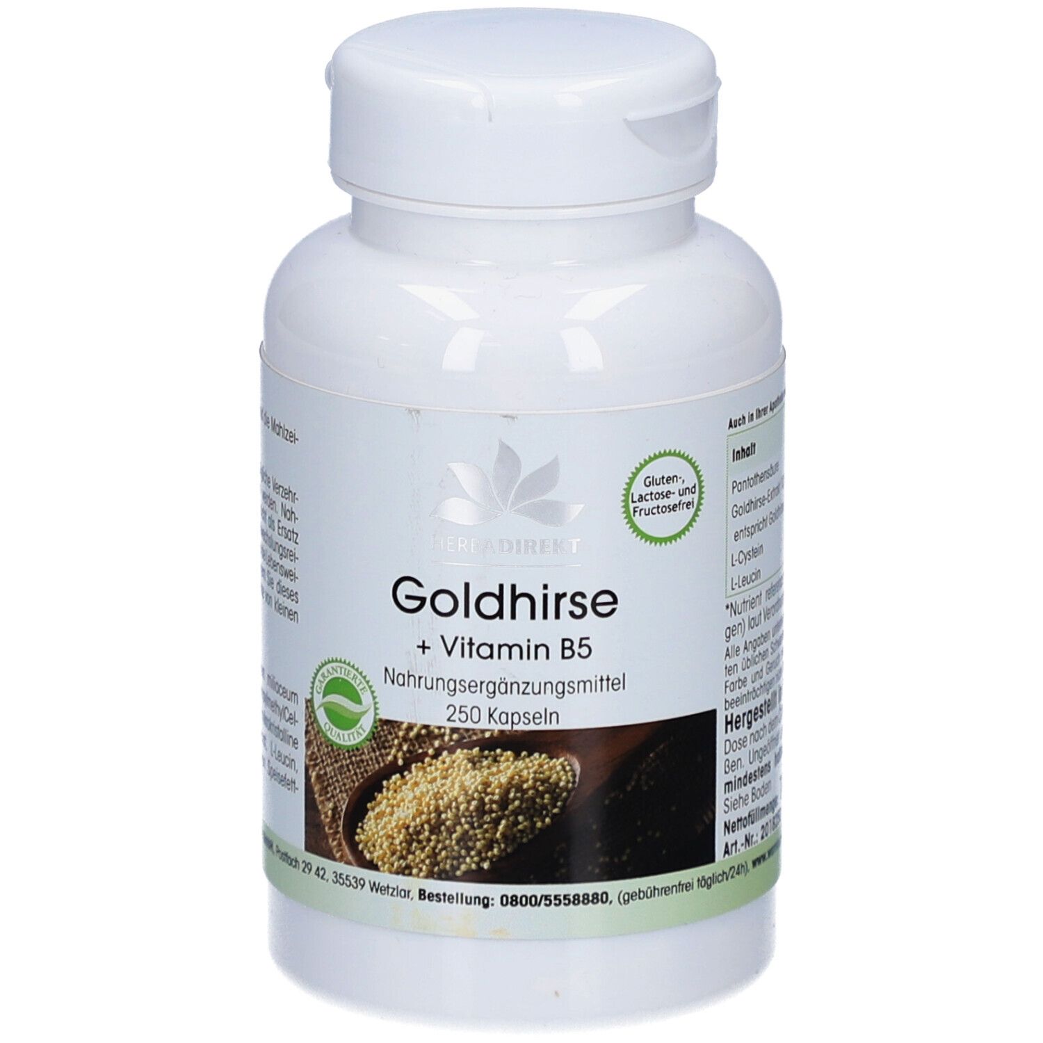 Weiße Flasche mit Kapseln. Aufschrift: Goldhirse + Vitamin B5. 250 Kapseln. Logo: Naturprodukt. Gluten-, Laktose- und Fructosefrei.