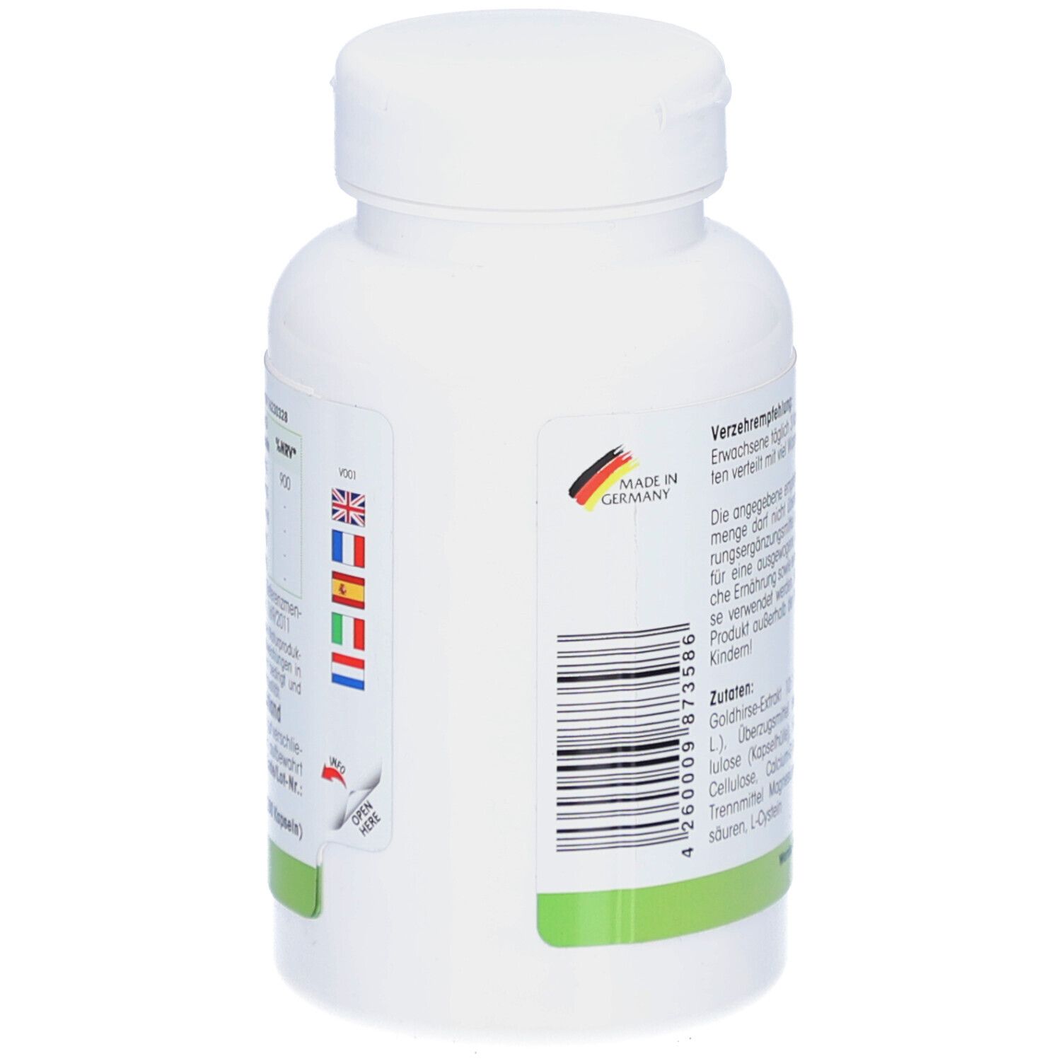 Weiße Flasche. Aufschrift: Made in Germany. Flaggen: Großbritannien, Spanien, Italien, Niederlande, Frankreich. Barcode.