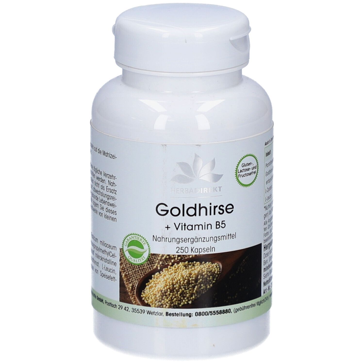 Weiße Flasche mit Kapseln. Aufschrift: Goldhirse + Vitamin B5. 250 Kapseln. Logo: Naturprodukt. Gluten-, Laktose- und Fructosefrei.