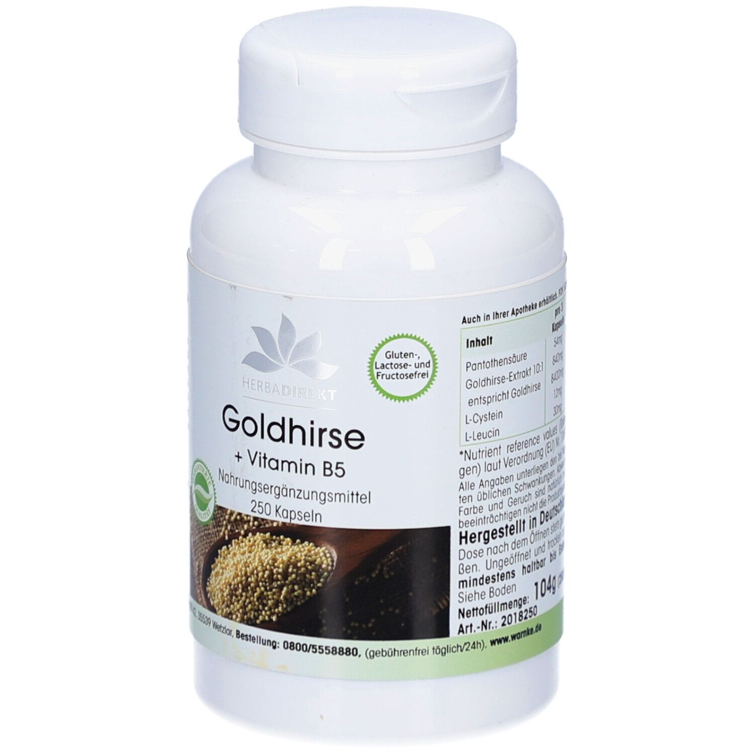 Weiße Flasche mit Kapseln. Aufschrift: Goldhirse + Vitamin B5. 250 Kapseln. Logo: Naturprodukt. Gluten-, Laktose- und Fructosefrei. Inhaltsstoffe.