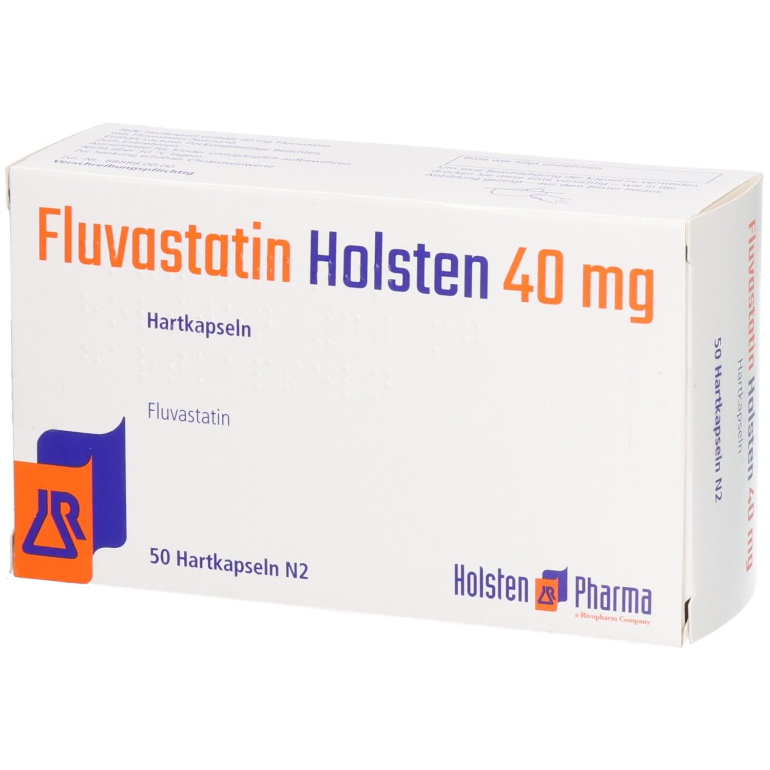 Schachtel mit Fluvastatin Holsten 40 mg Hartkapseln. Aufschrift: 50 Hartkapseln N2. Logo Holsten Pharma.